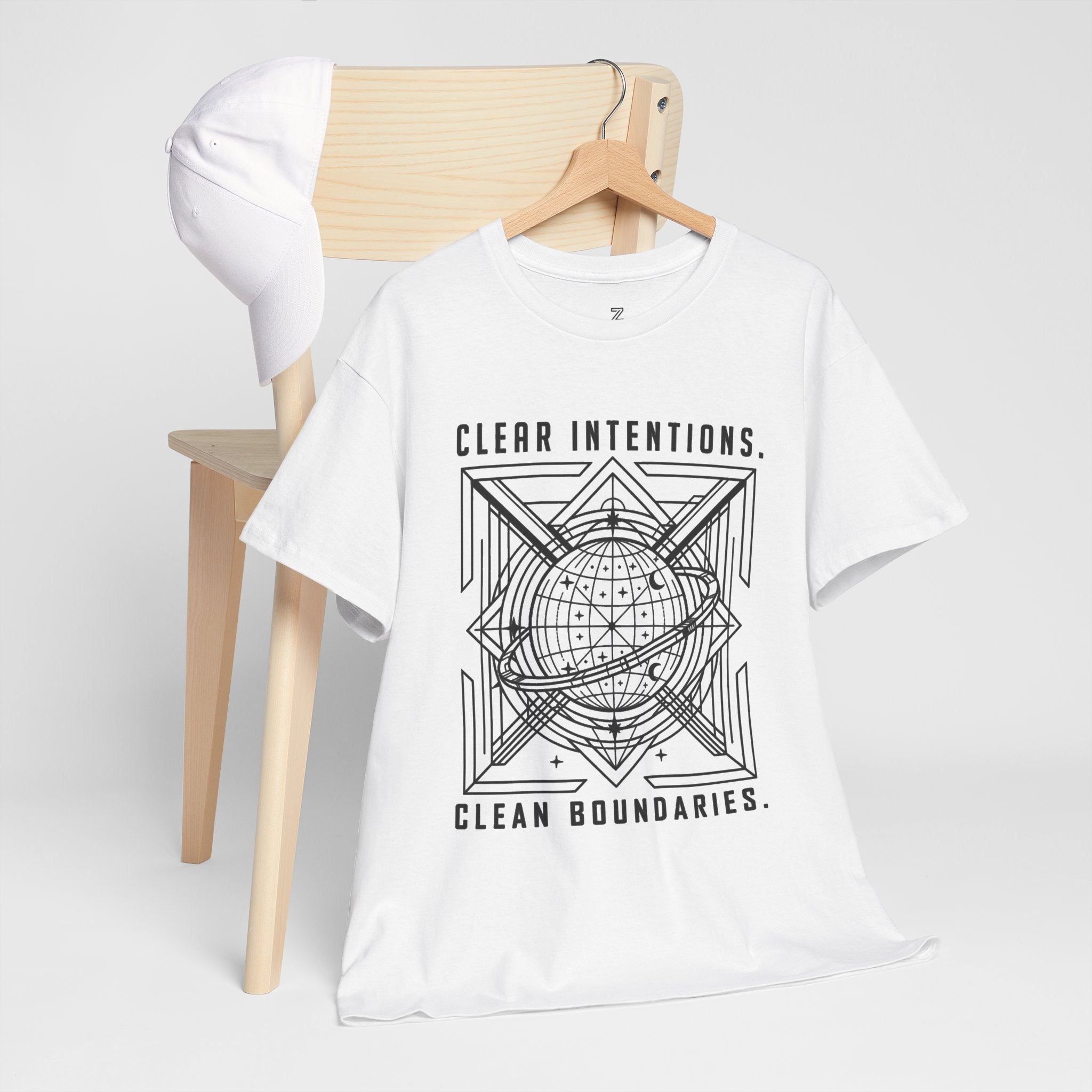 Graphic Tee — "Clear Intentions. Clean Boundaries." Geometric Globe Design