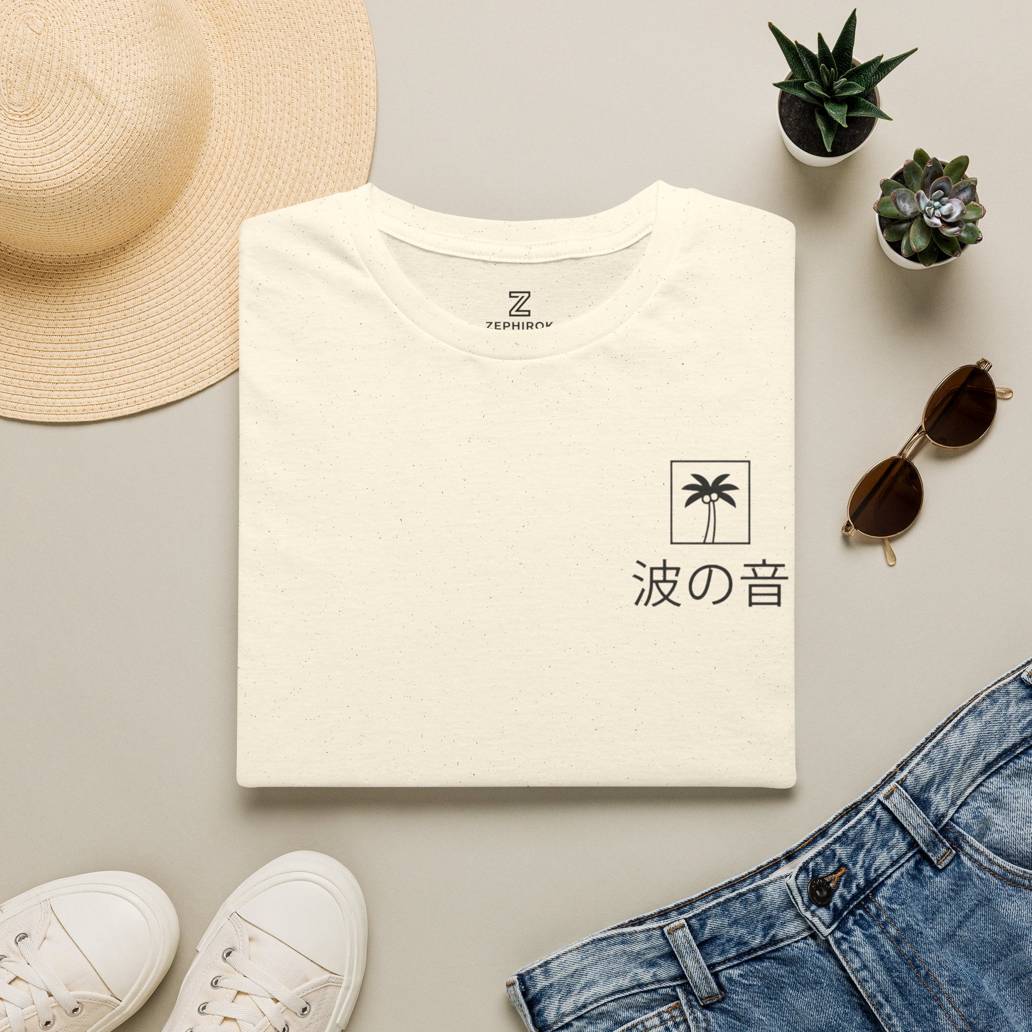 Wave Sound T‑Shirt — Minimal Palm Logo with Japanese 波の音 (Sound of Waves)