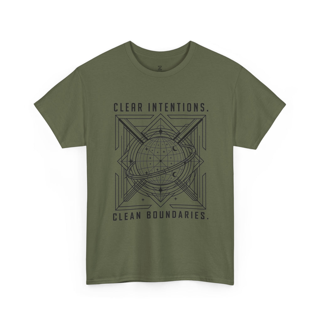 Graphic Tee — "Clear Intentions. Clean Boundaries." Geometric Globe Design