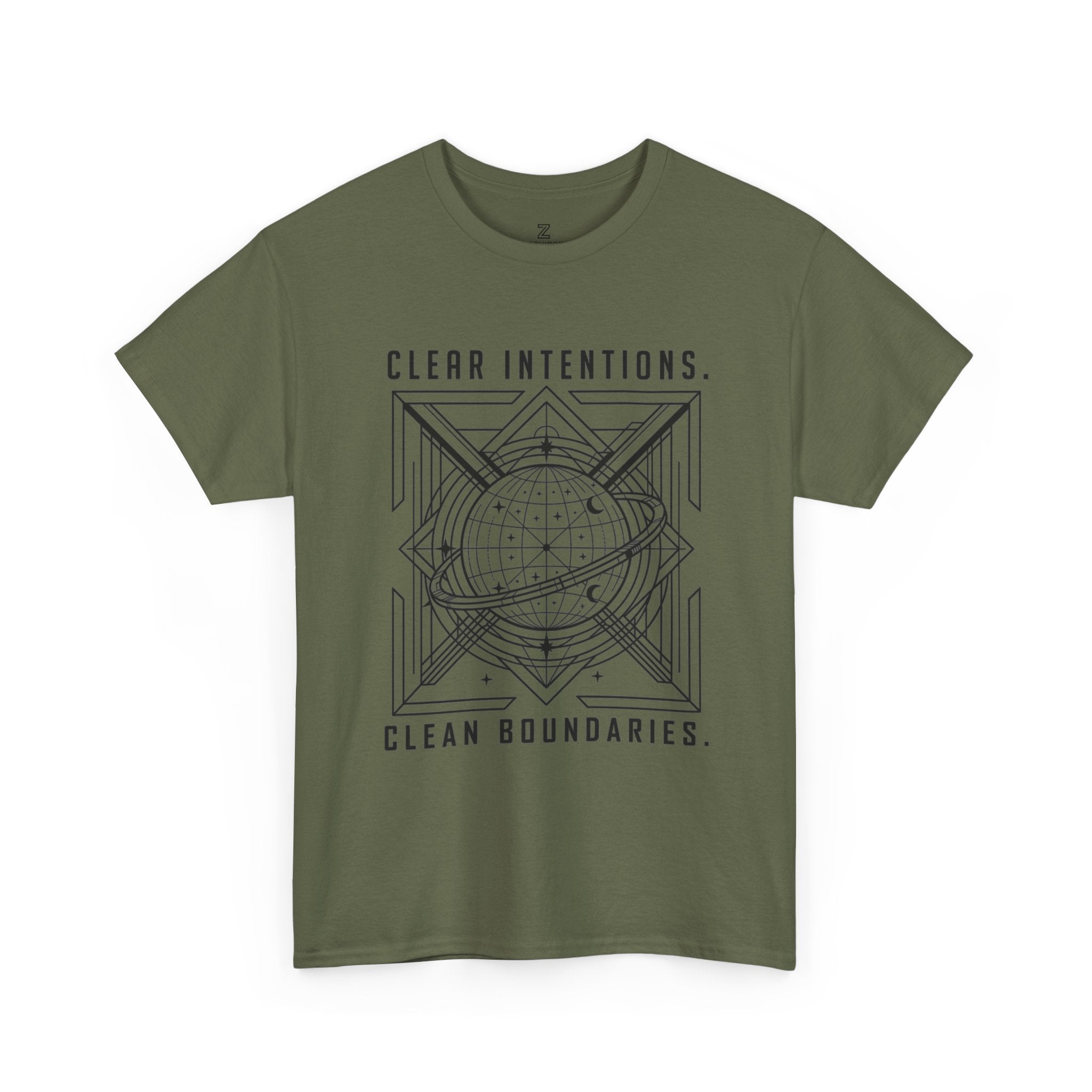 Graphic Tee — "Clear Intentions. Clean Boundaries." Geometric Globe Design
