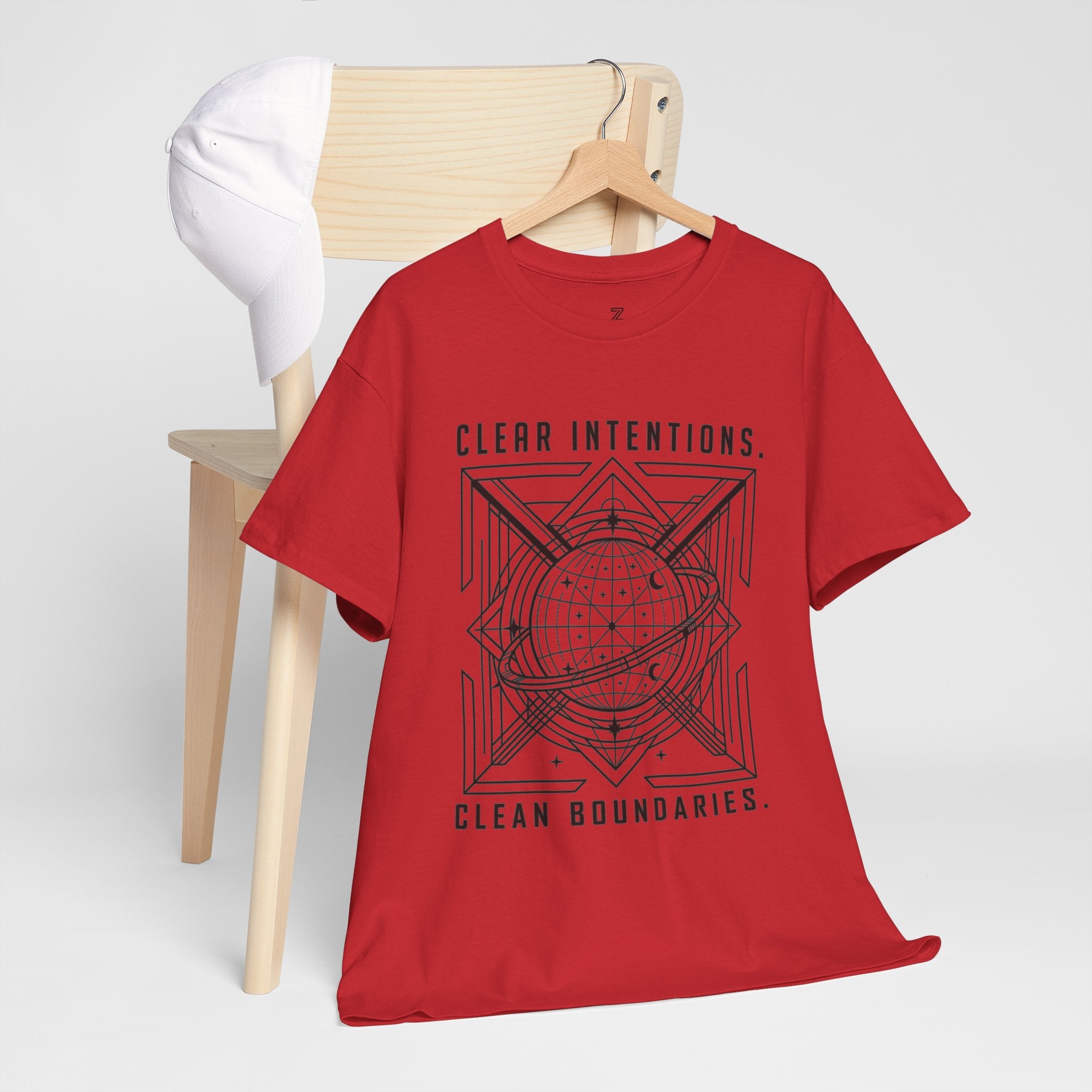 Graphic Tee — "Clear Intentions. Clean Boundaries." Geometric Globe Design