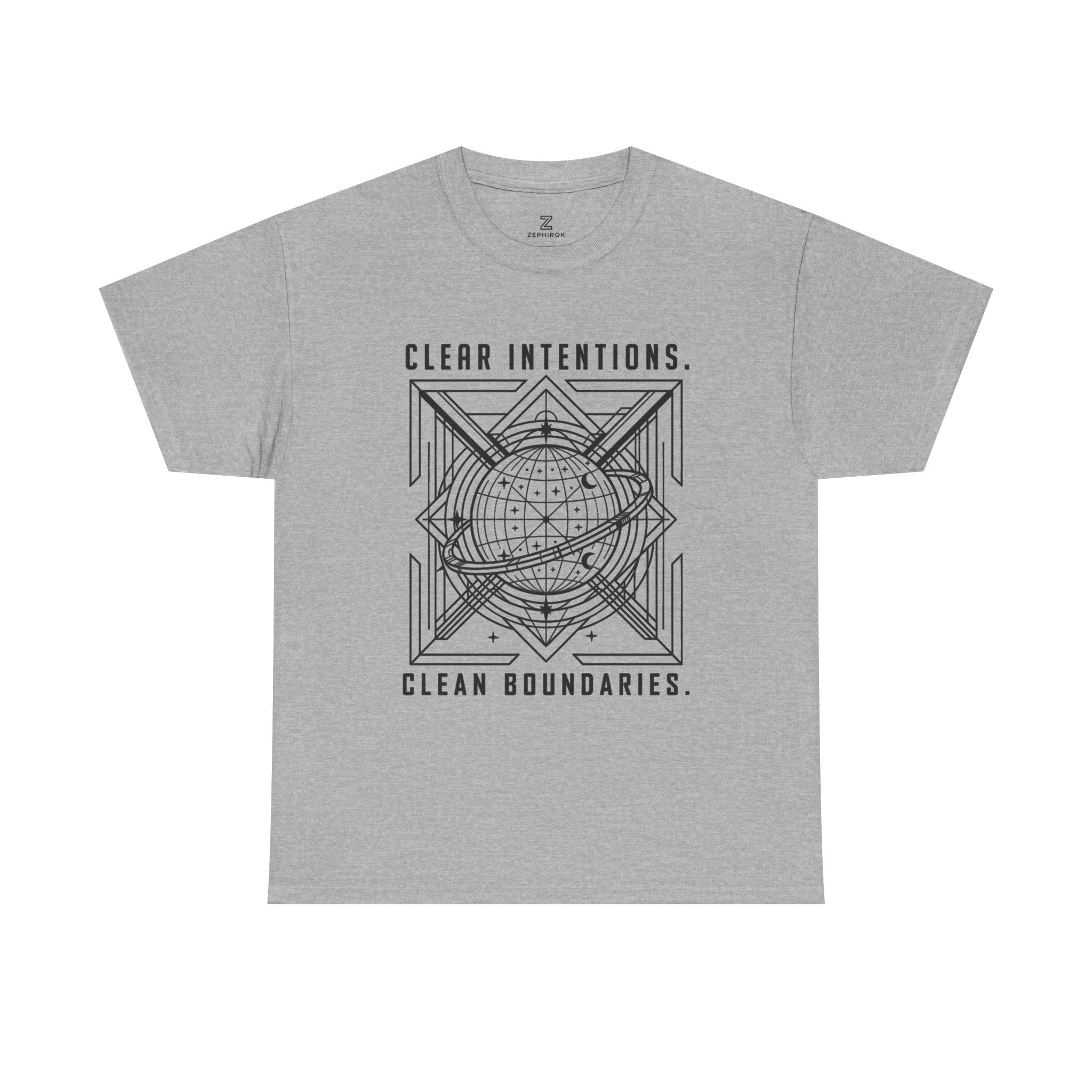 Graphic Tee — "Clear Intentions. Clean Boundaries." Geometric Globe Design