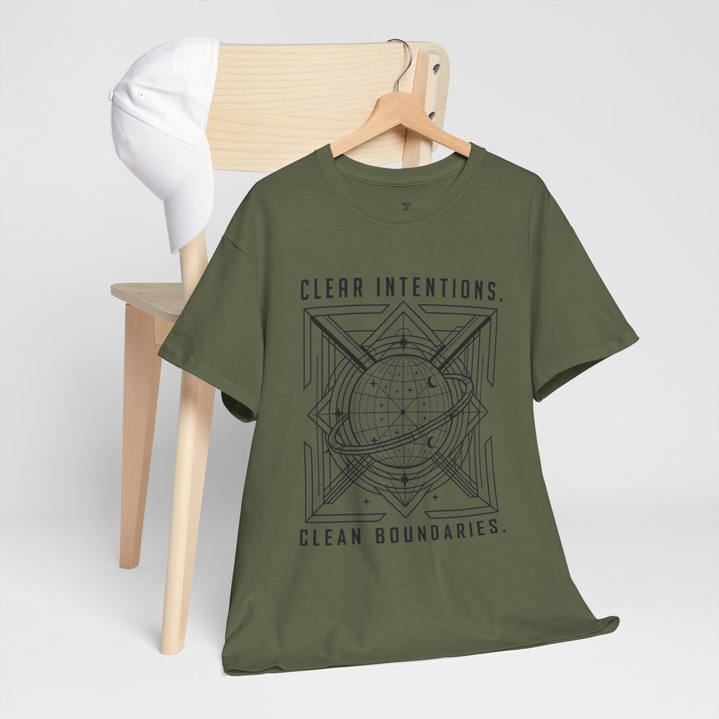 Graphic Tee — "Clear Intentions. Clean Boundaries." Geometric Globe Design