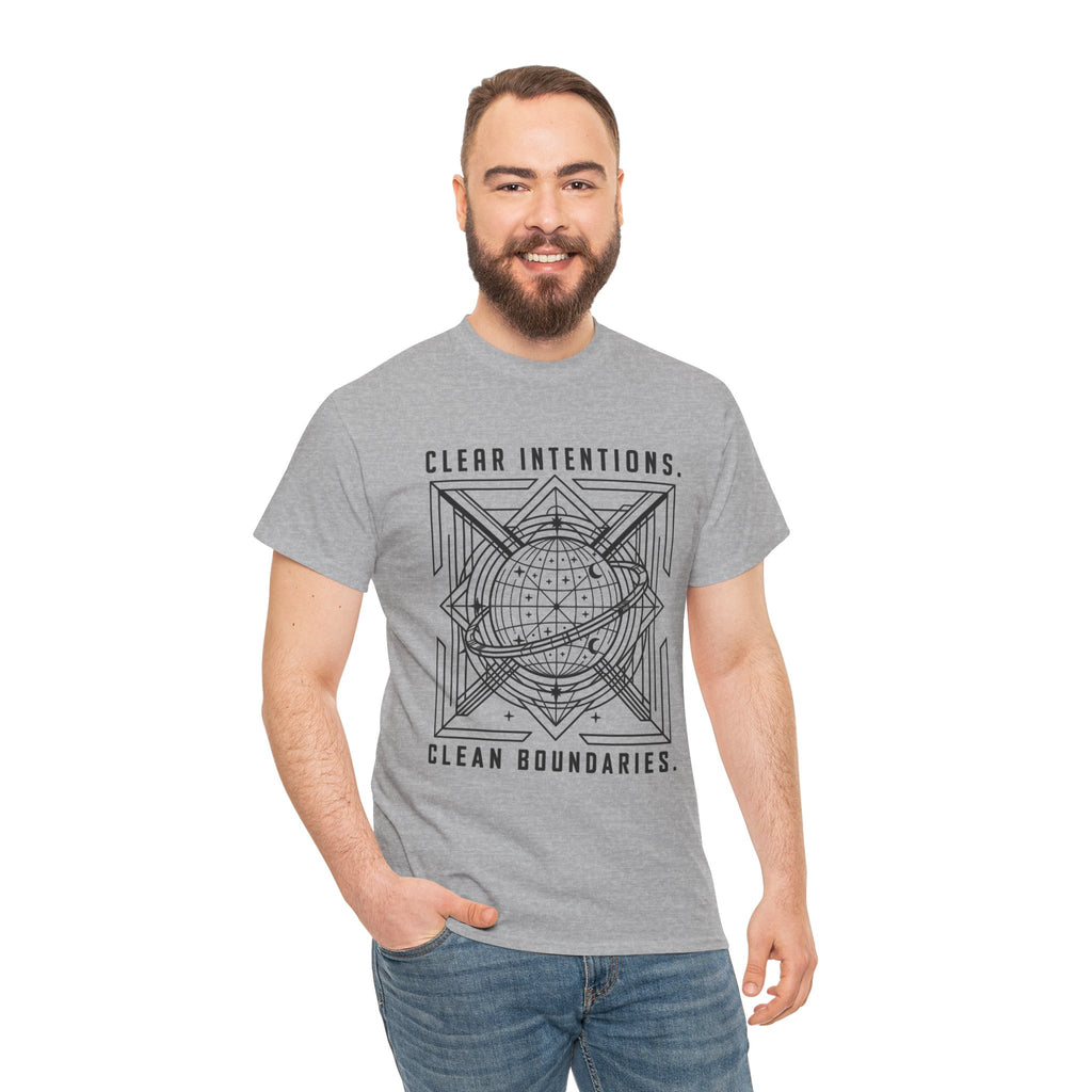 Graphic Tee — "Clear Intentions. Clean Boundaries." Geometric Globe Design