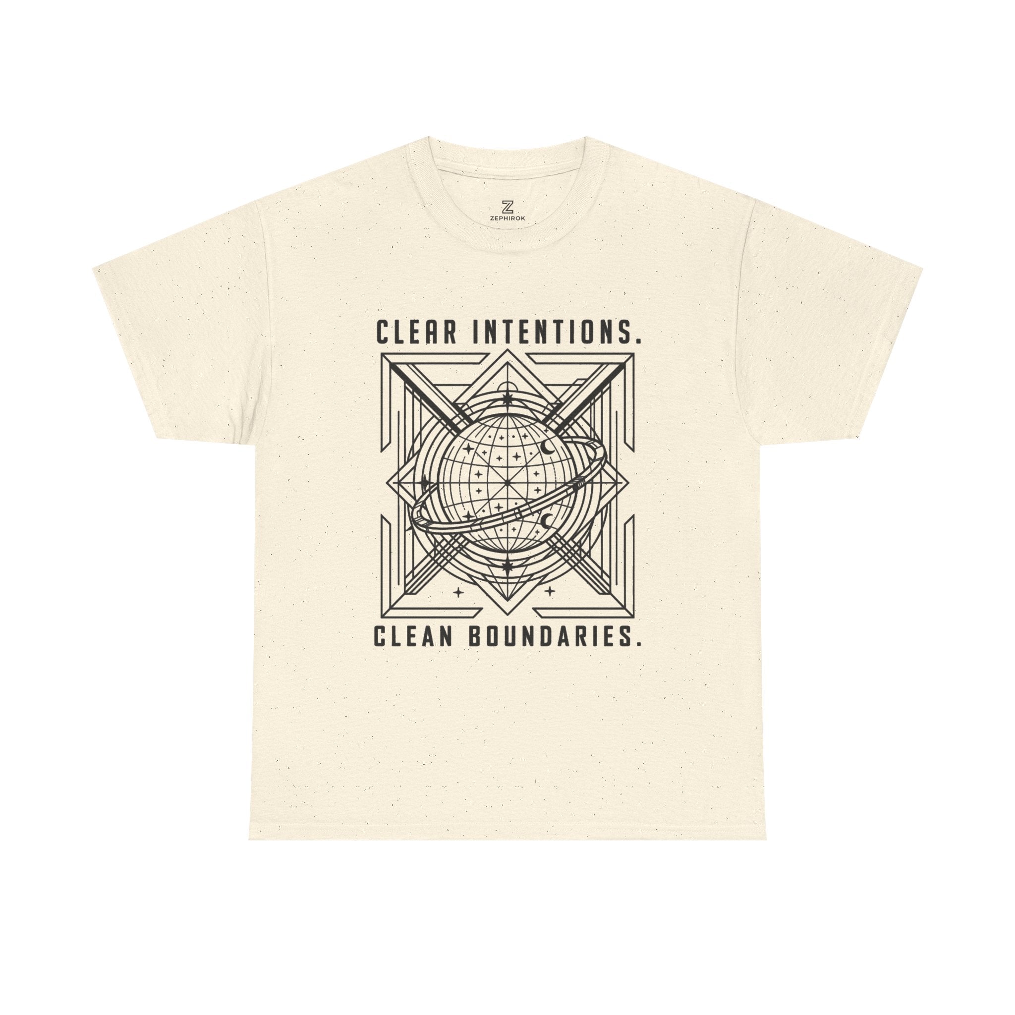 Graphic Tee — "Clear Intentions. Clean Boundaries." Geometric Globe Design