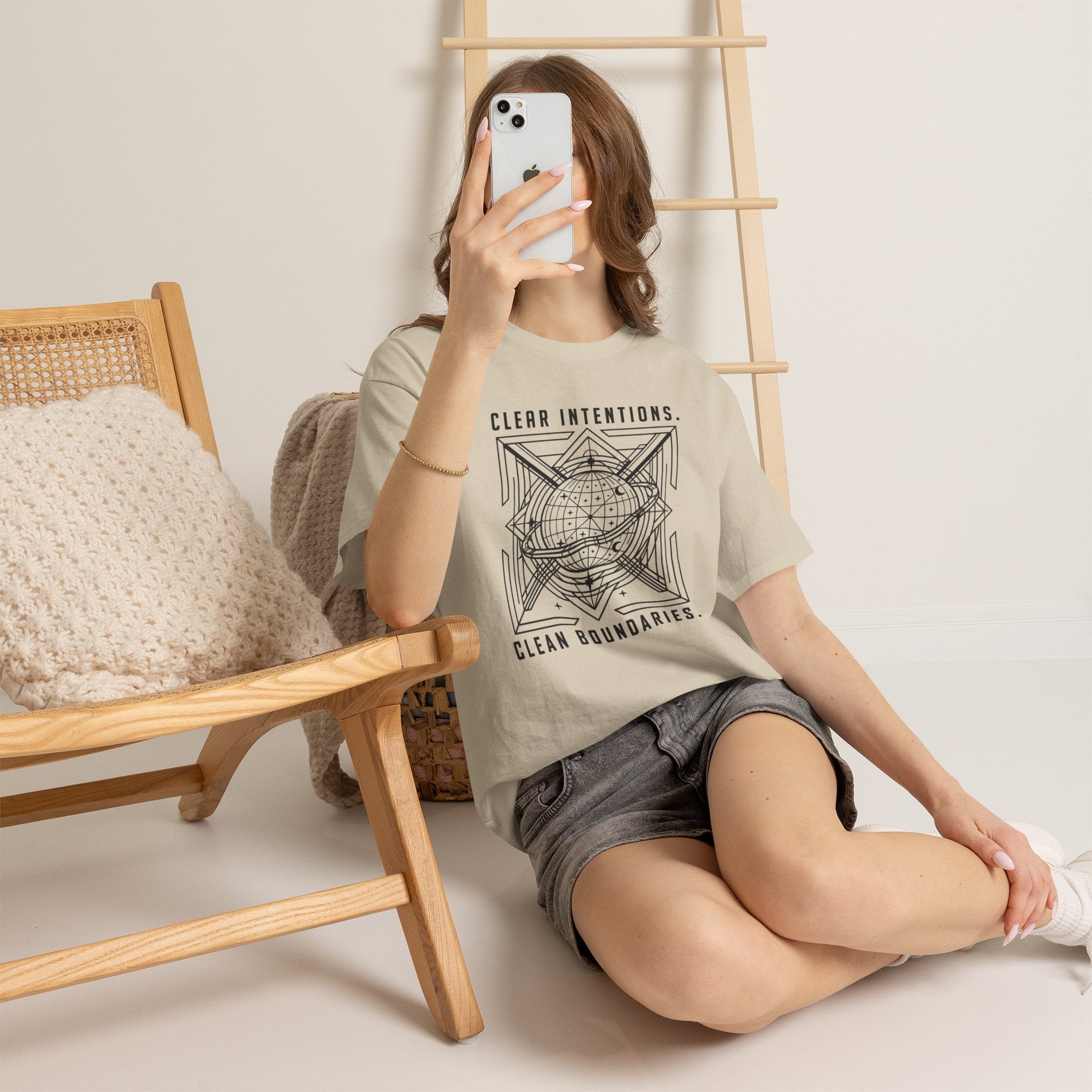 Graphic Tee — "Clear Intentions. Clean Boundaries." Geometric Globe Design