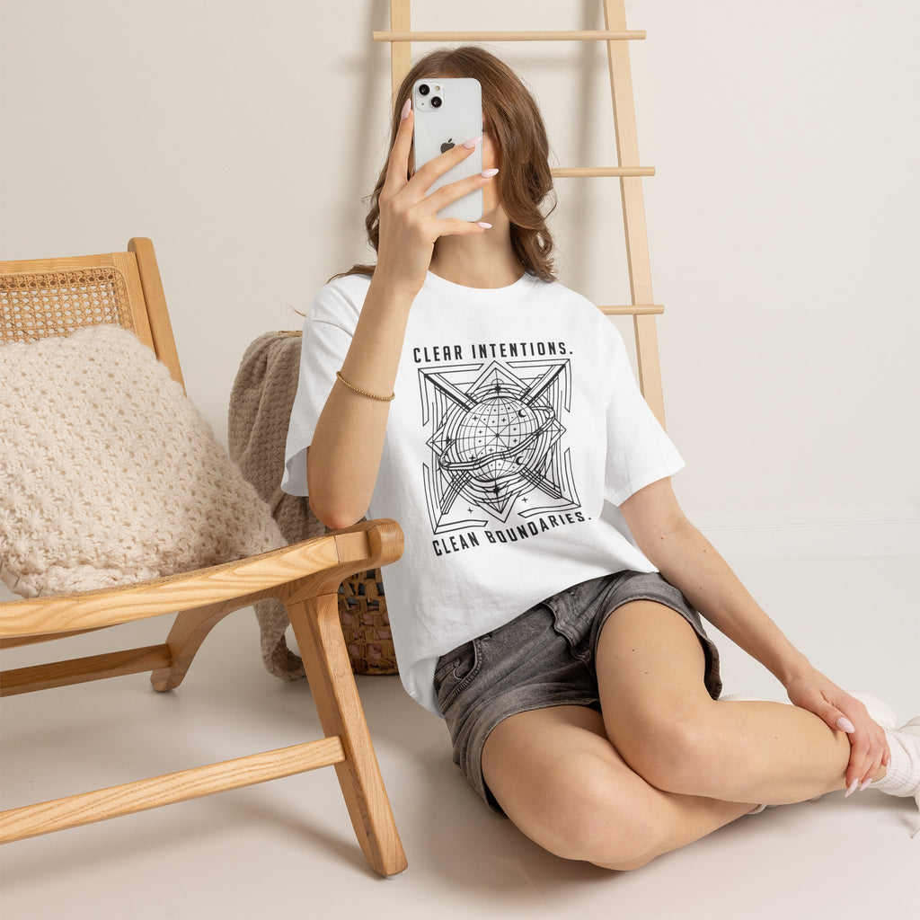 Graphic Tee — "Clear Intentions. Clean Boundaries." Geometric Globe Design