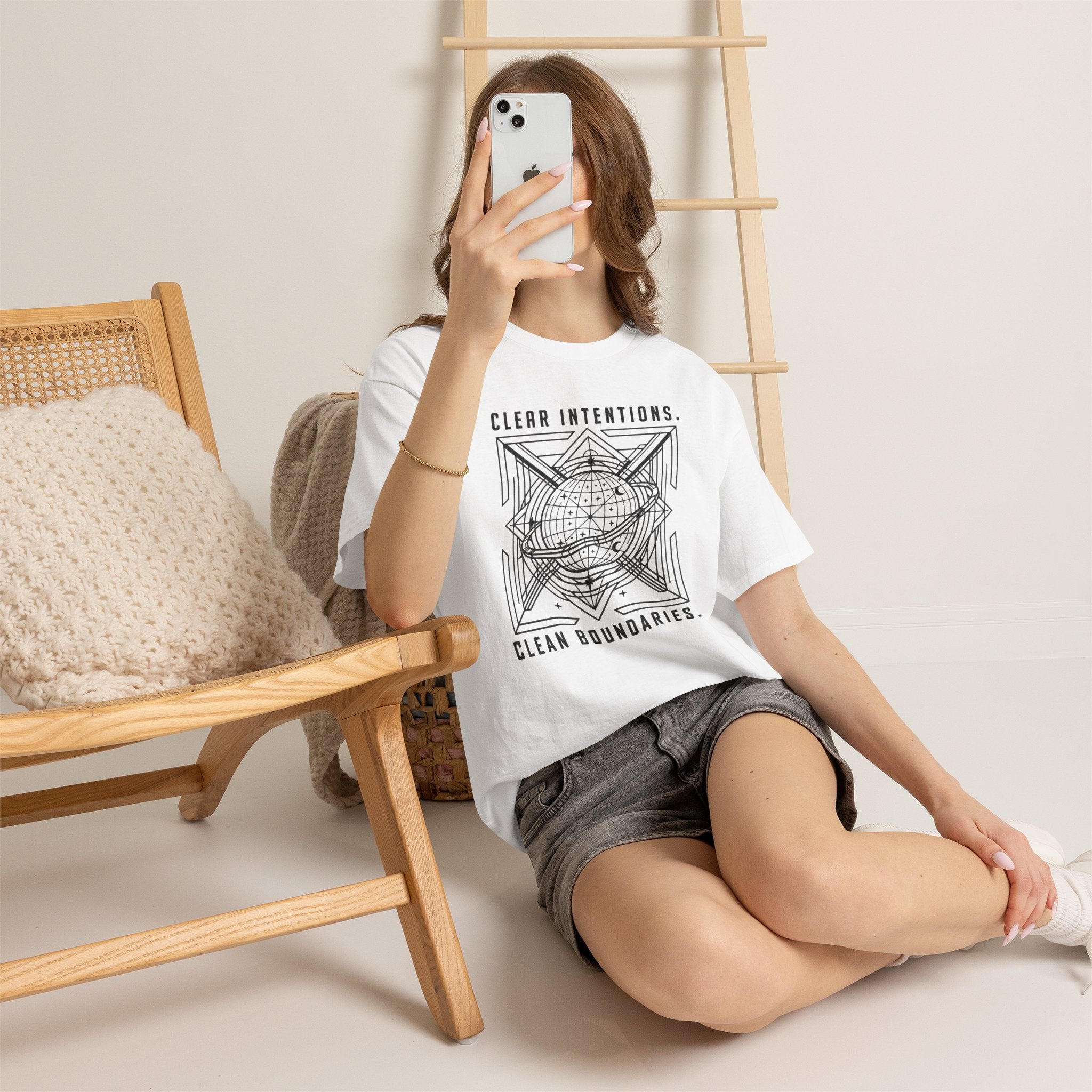 Graphic Tee — "Clear Intentions. Clean Boundaries." Geometric Globe Design