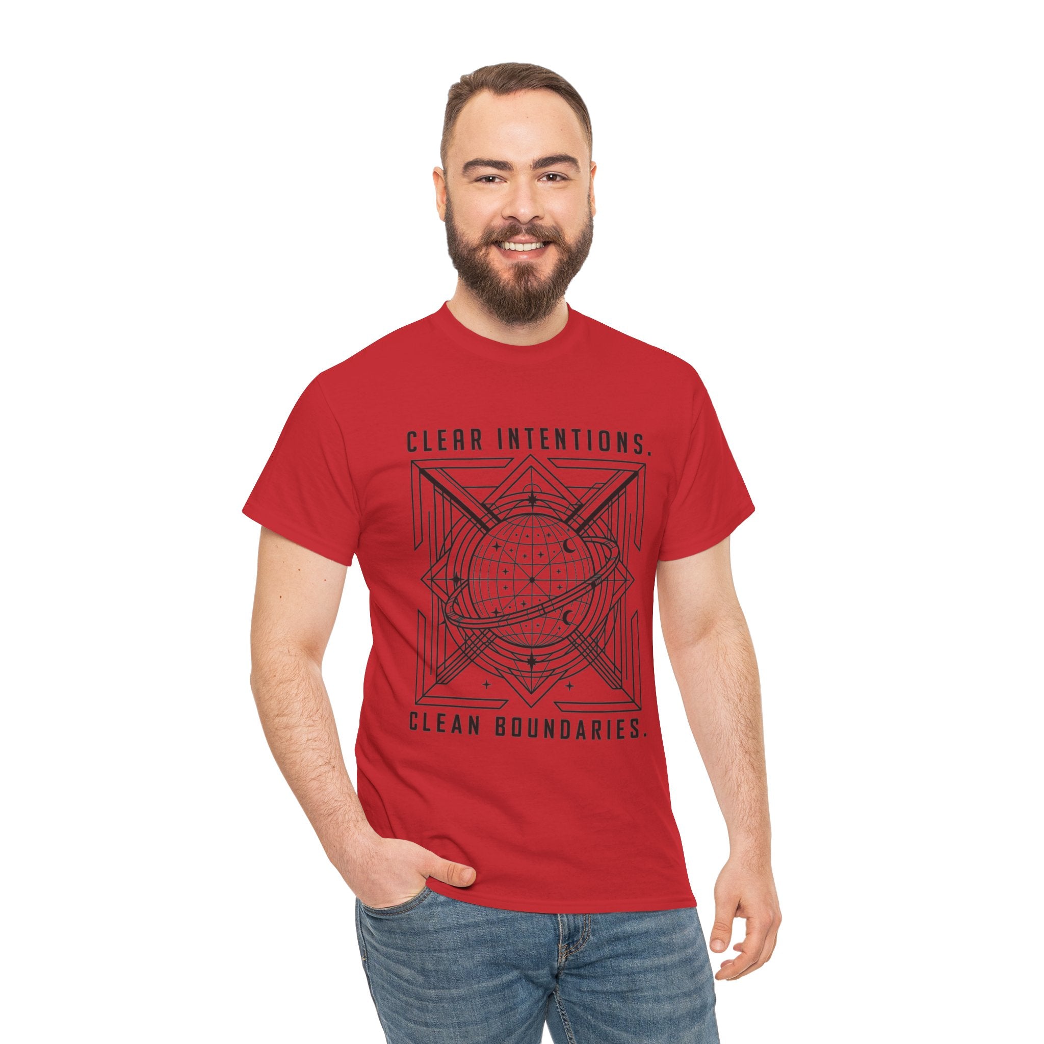 Graphic Tee — "Clear Intentions. Clean Boundaries." Geometric Globe Design