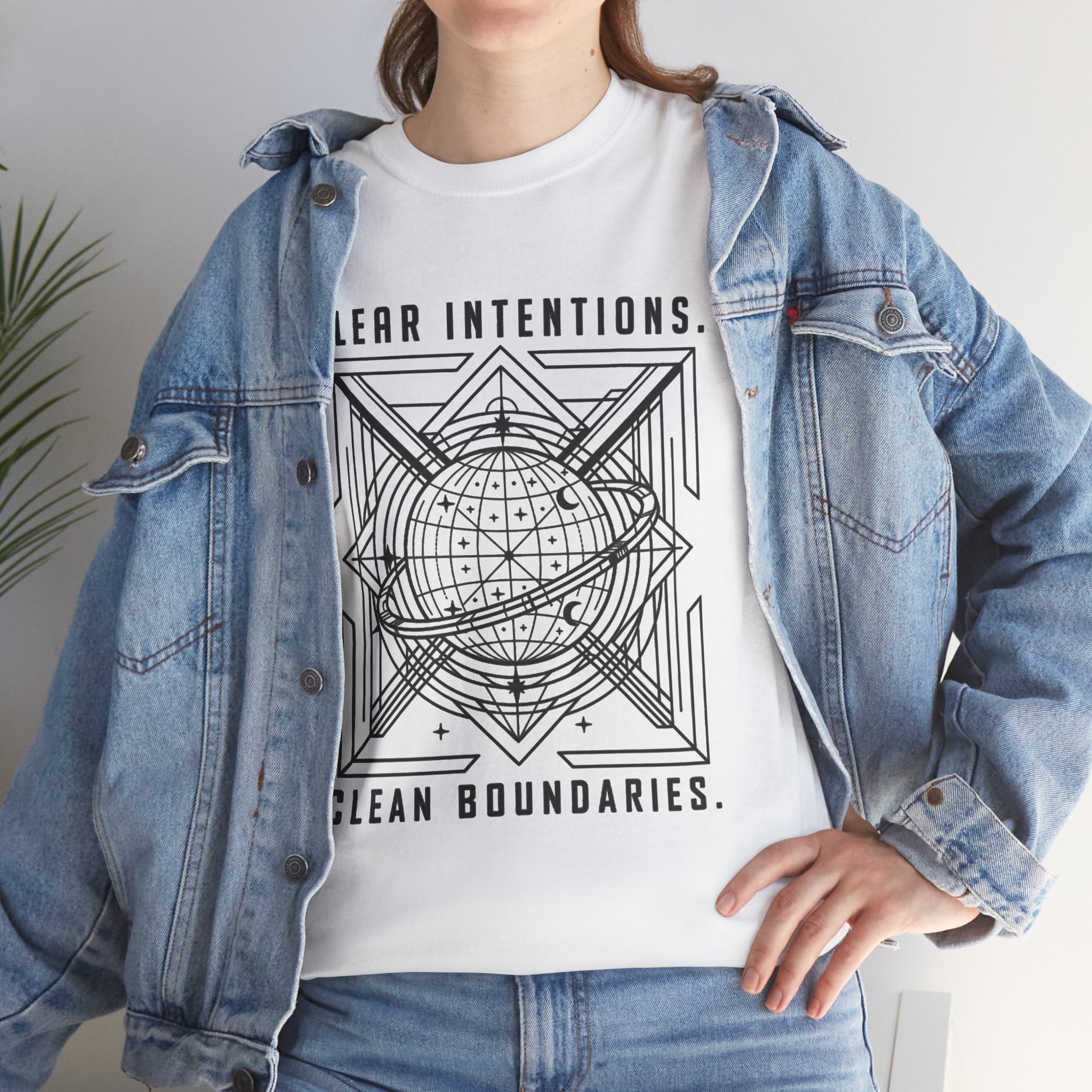 Graphic Tee — "Clear Intentions. Clean Boundaries." Geometric Globe Design