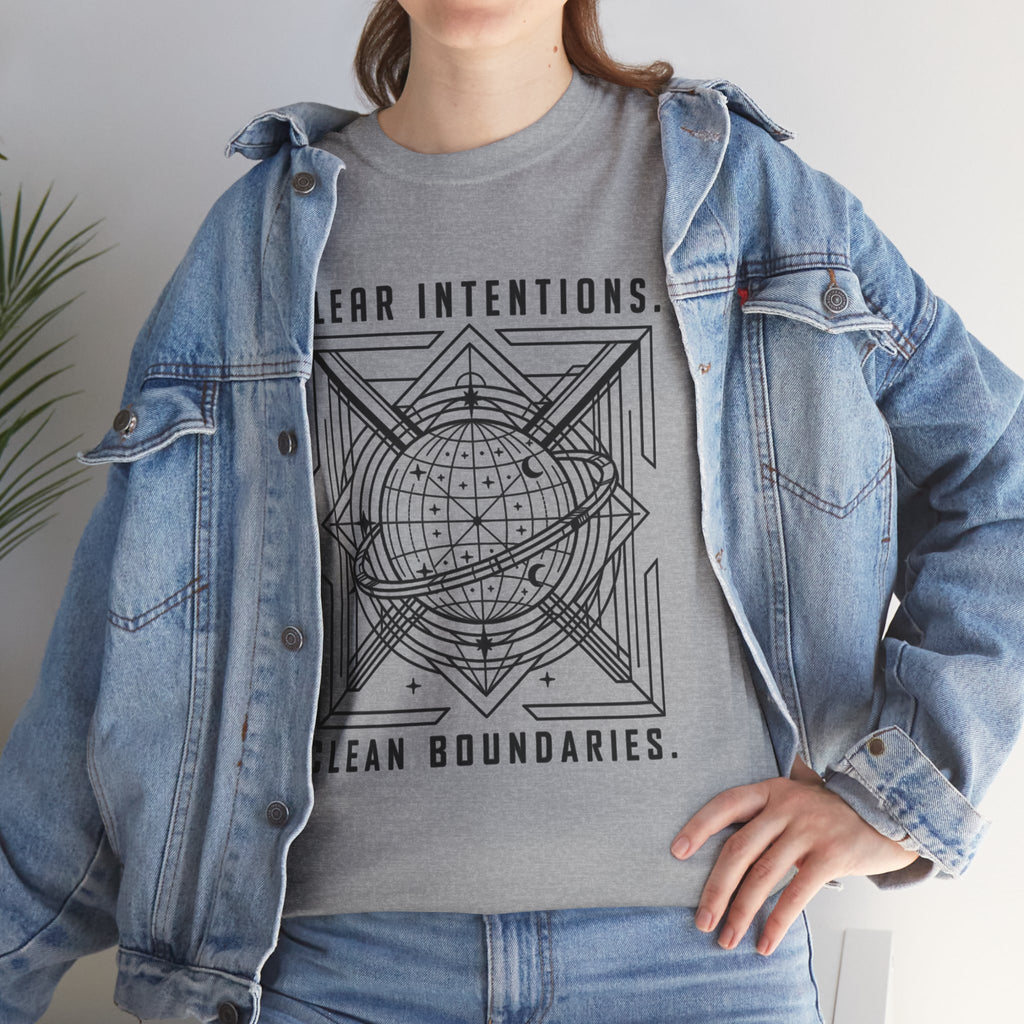 Graphic Tee — "Clear Intentions. Clean Boundaries." Geometric Globe Design