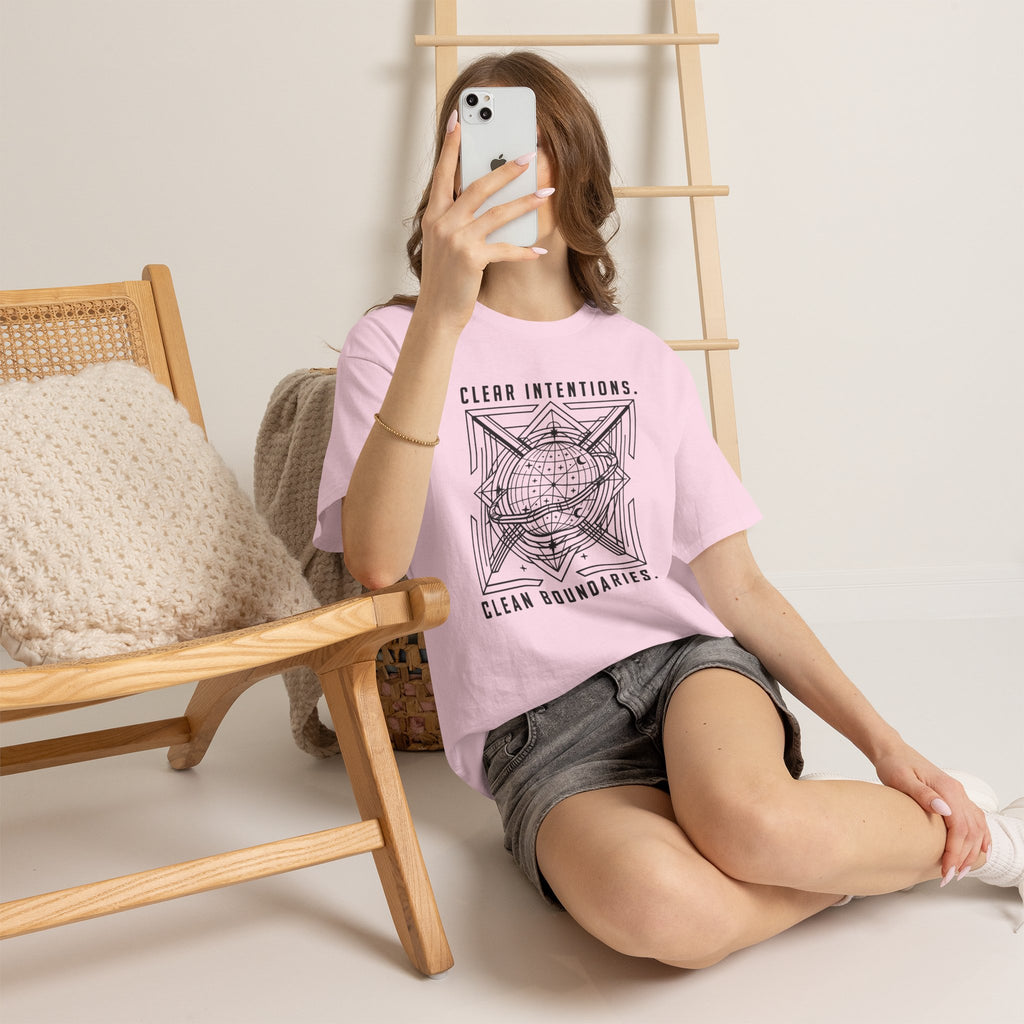 Graphic Tee — "Clear Intentions. Clean Boundaries." Geometric Globe Design