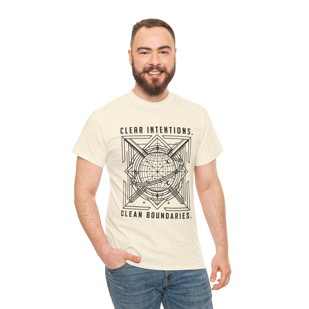Graphic Tee — "Clear Intentions. Clean Boundaries." Geometric Globe Design