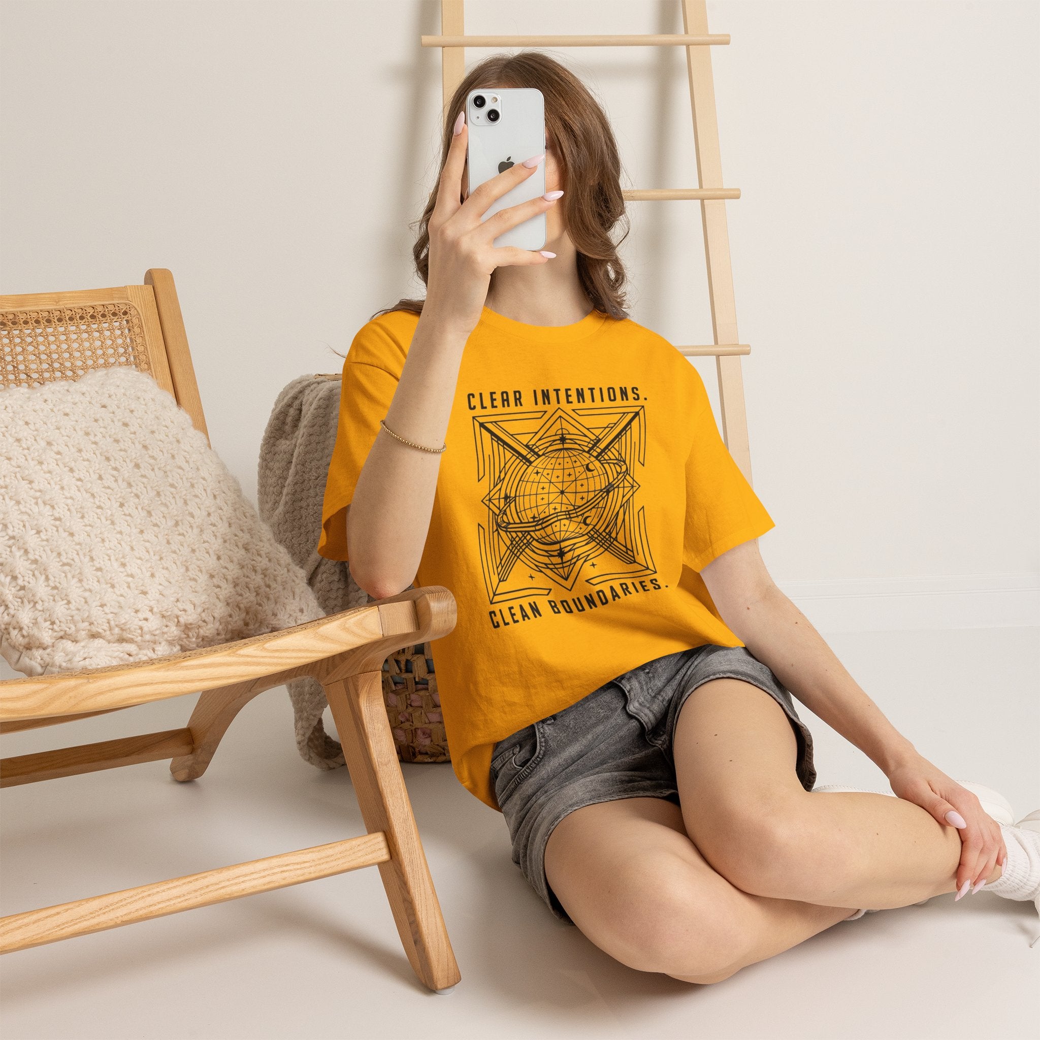 Graphic Tee — "Clear Intentions. Clean Boundaries." Geometric Globe Design