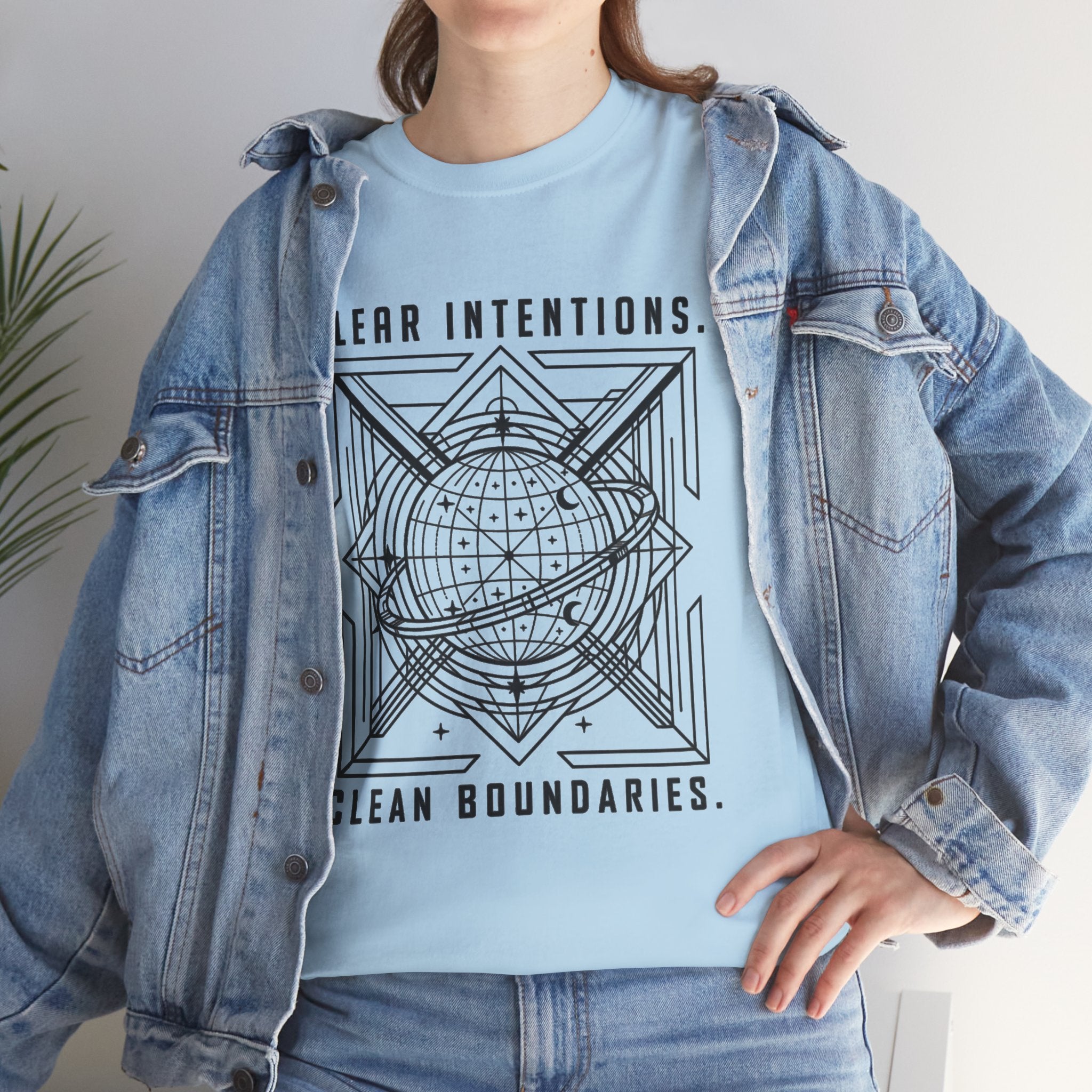 Graphic Tee — "Clear Intentions. Clean Boundaries." Geometric Globe Design