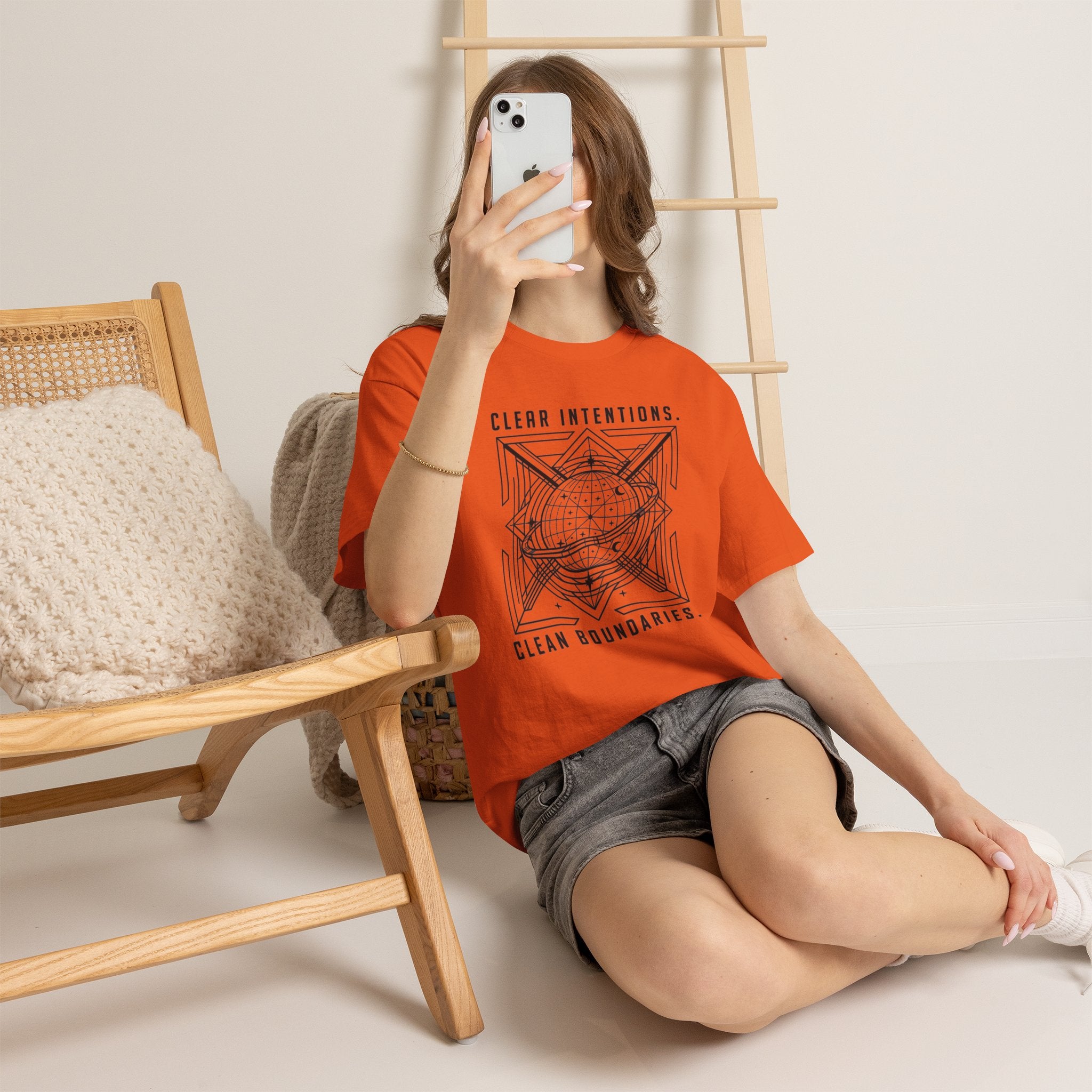 Graphic Tee — "Clear Intentions. Clean Boundaries." Geometric Globe Design