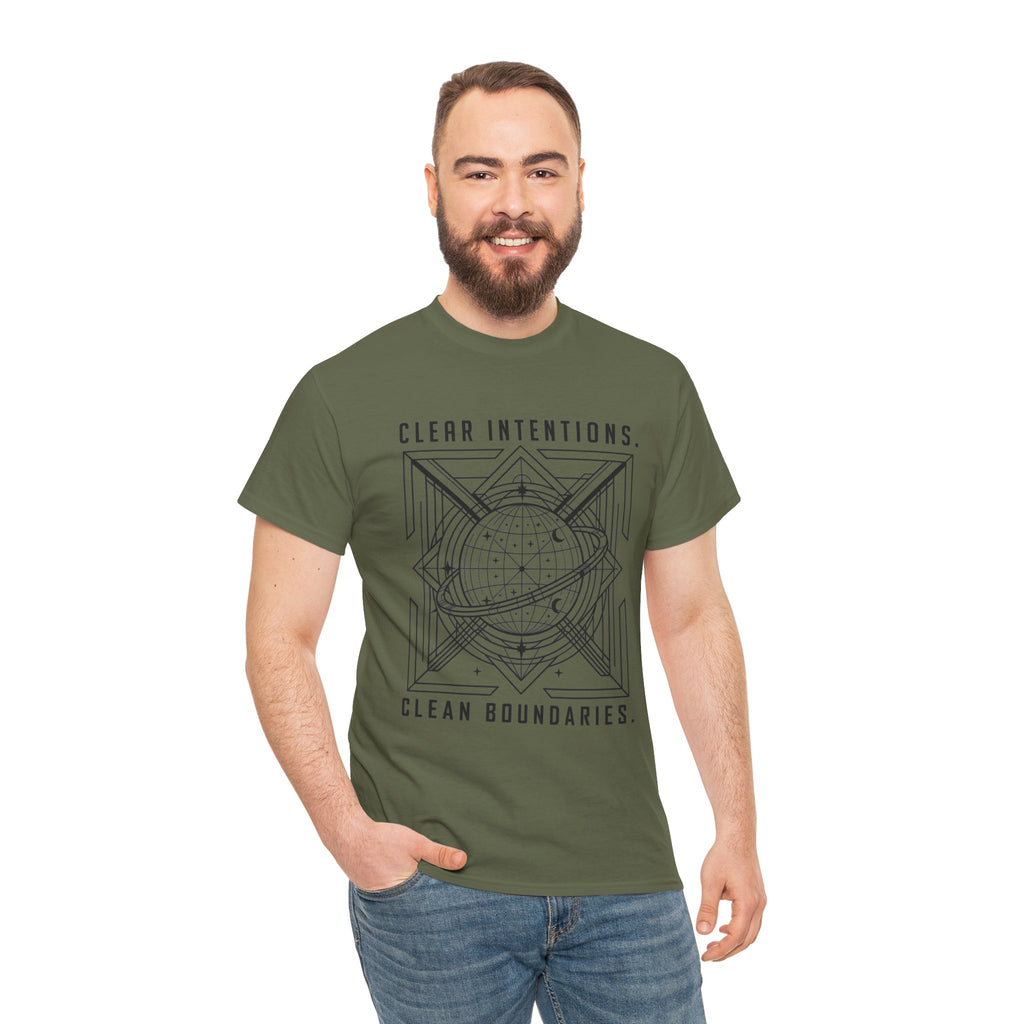 Graphic Tee — "Clear Intentions. Clean Boundaries." Geometric Globe Design