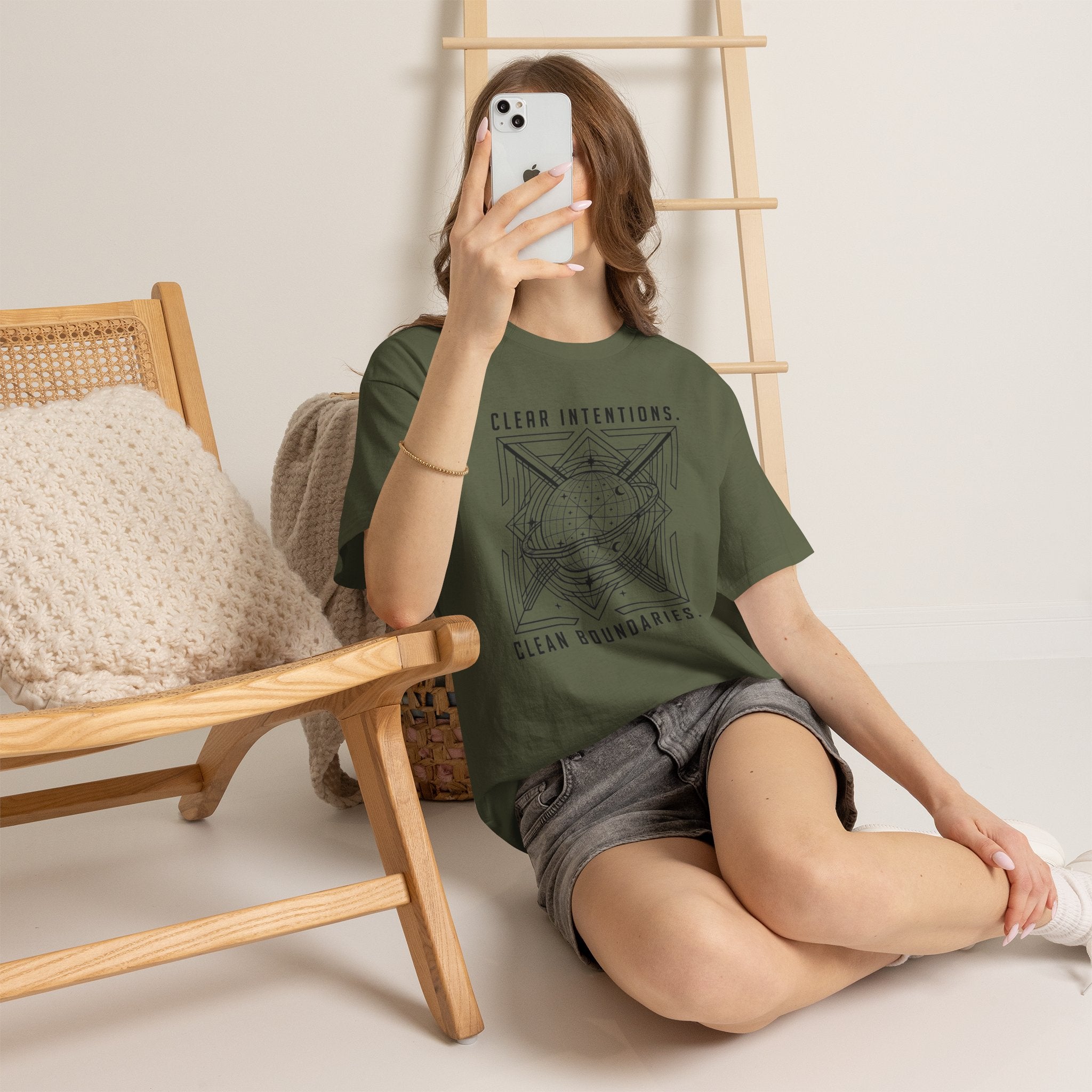 Graphic Tee — "Clear Intentions. Clean Boundaries." Geometric Globe Design