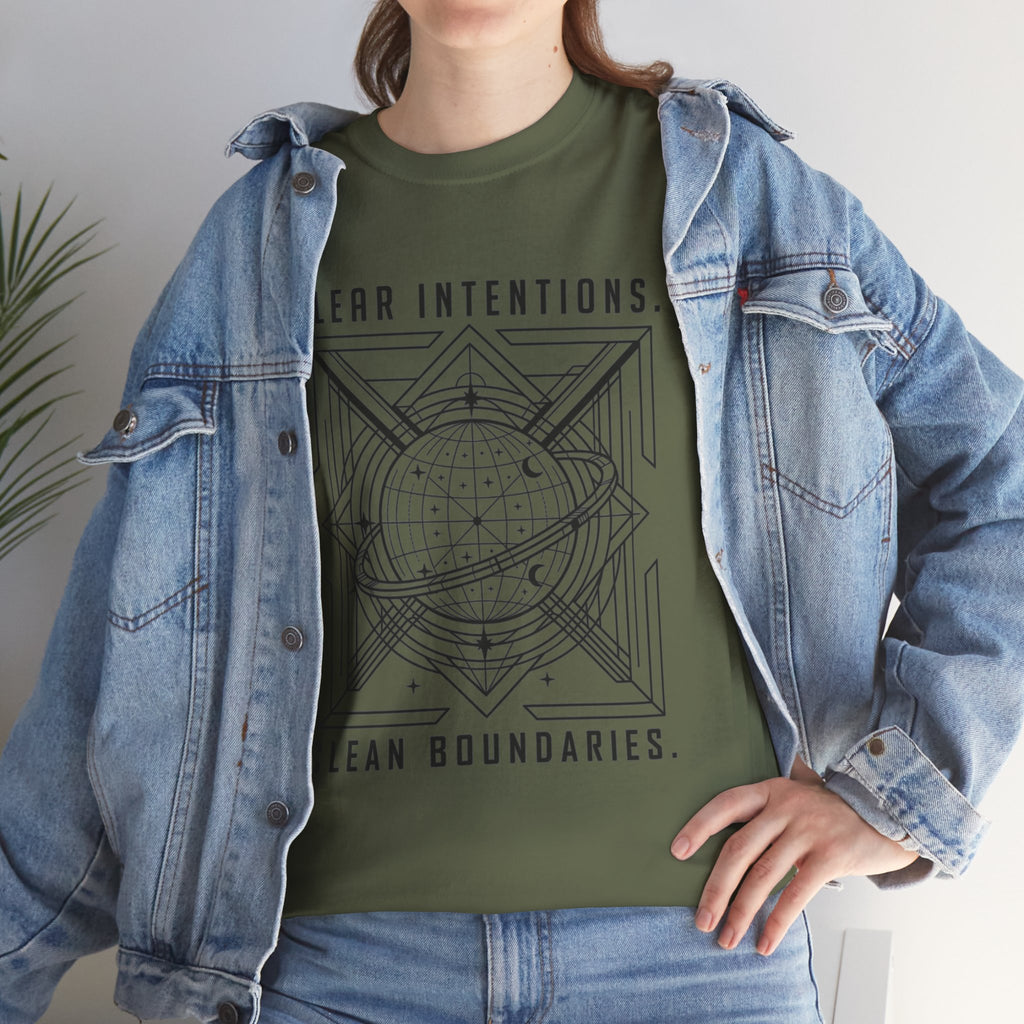 Graphic Tee — "Clear Intentions. Clean Boundaries." Geometric Globe Design