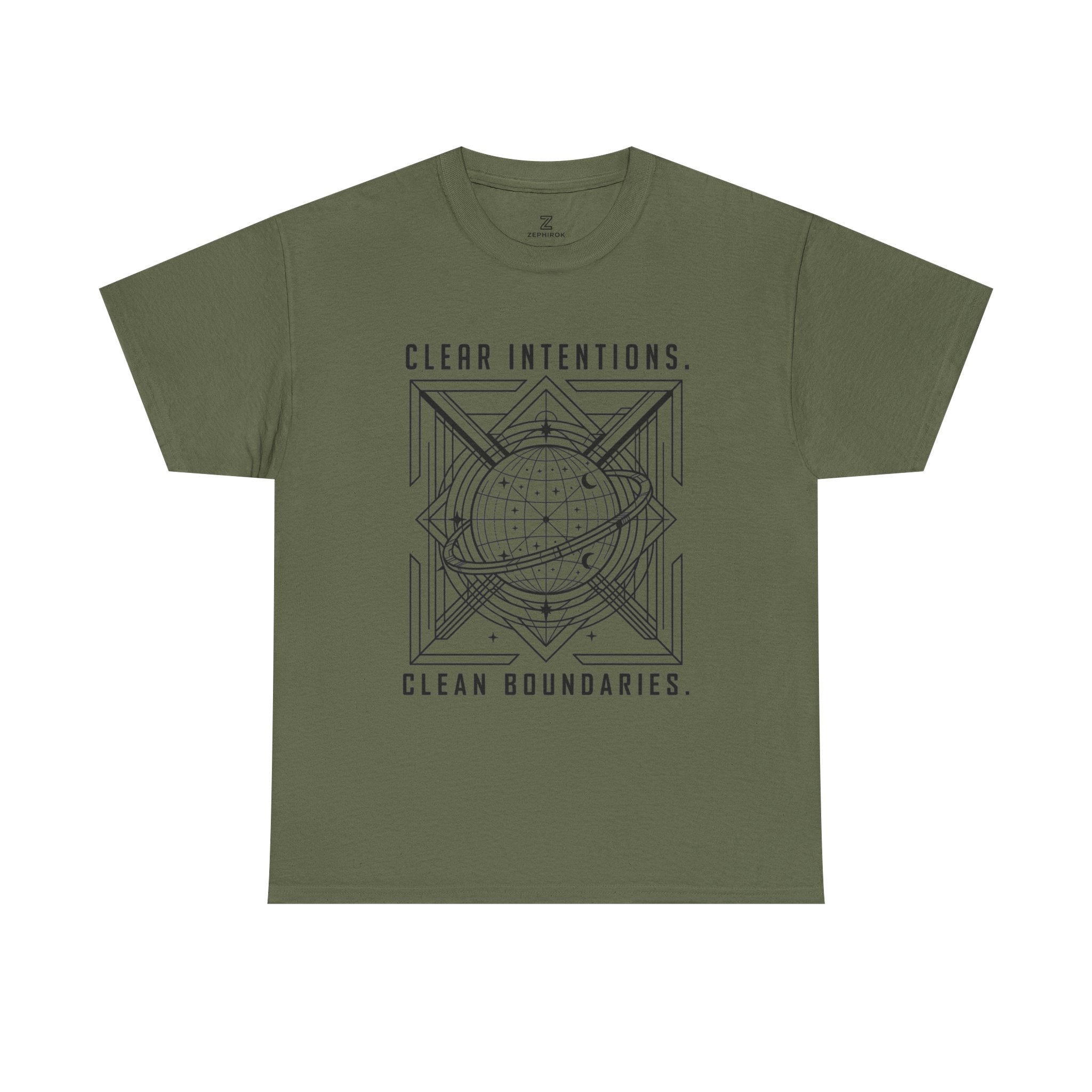 Graphic Tee — "Clear Intentions. Clean Boundaries." Geometric Globe Design