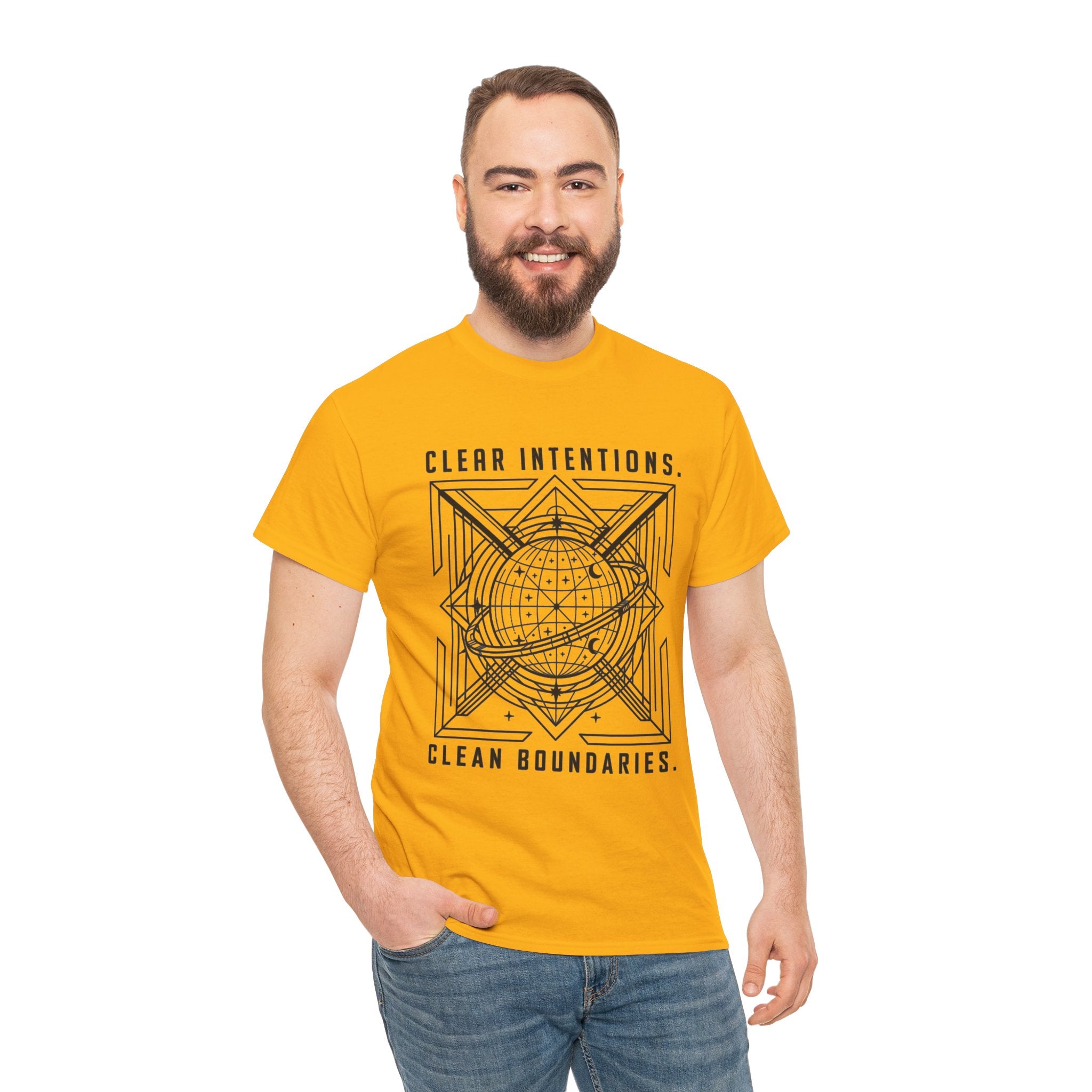 Graphic Tee — "Clear Intentions. Clean Boundaries." Geometric Globe Design