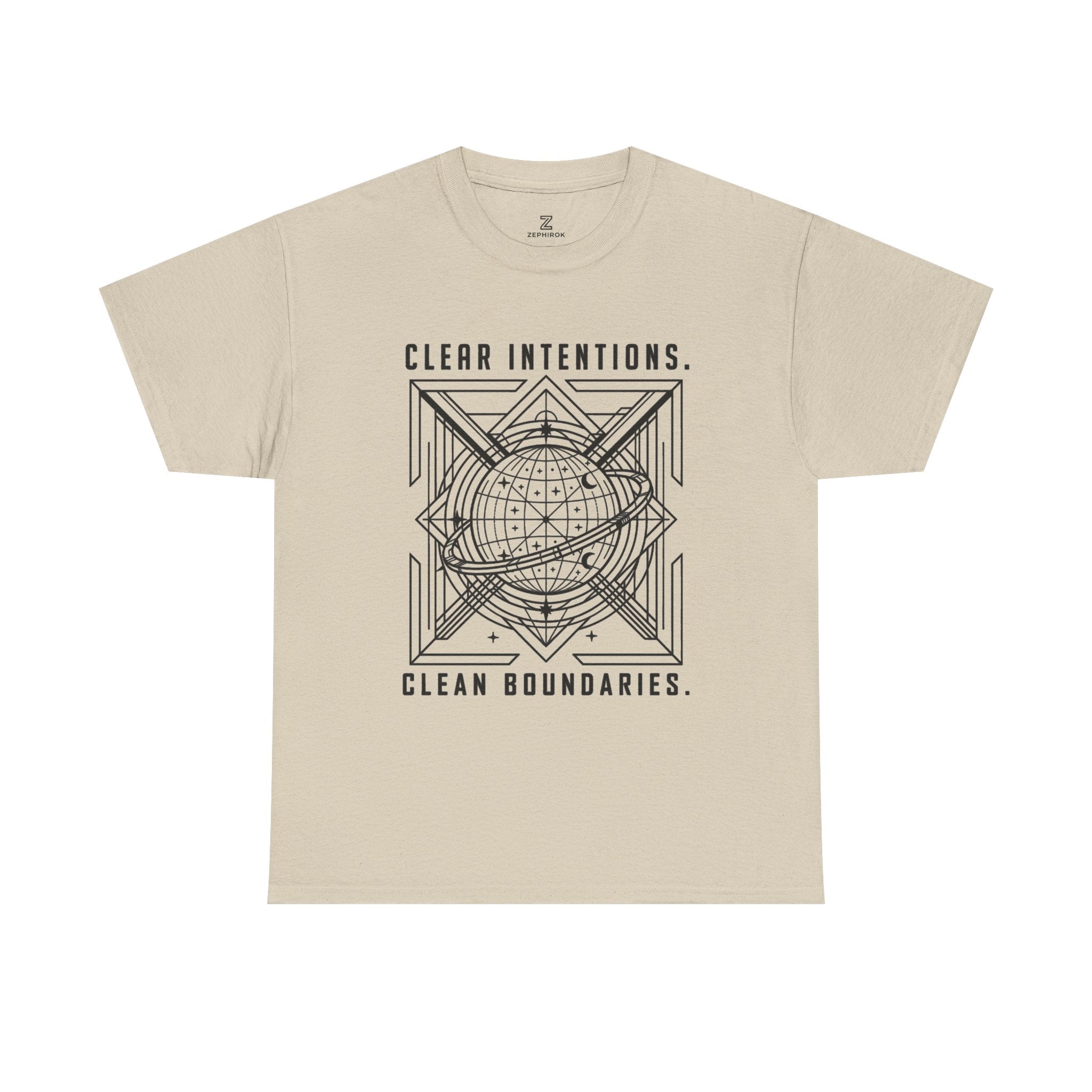 Graphic Tee — "Clear Intentions. Clean Boundaries." Geometric Globe Design