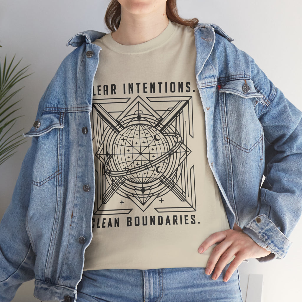 Graphic Tee — "Clear Intentions. Clean Boundaries." Geometric Globe Design