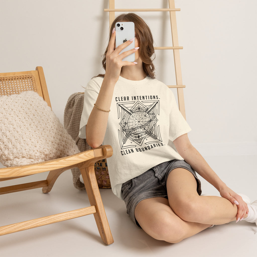 Graphic Tee — "Clear Intentions. Clean Boundaries." Geometric Globe Design