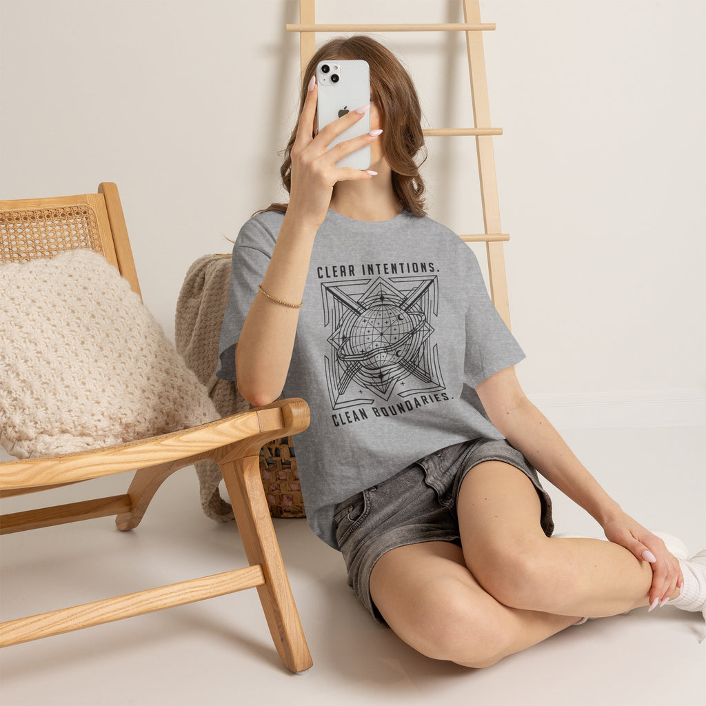 Graphic Tee — "Clear Intentions. Clean Boundaries." Geometric Globe Design