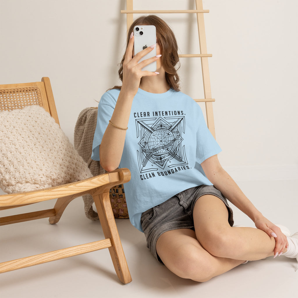 Graphic Tee — "Clear Intentions. Clean Boundaries." Geometric Globe Design