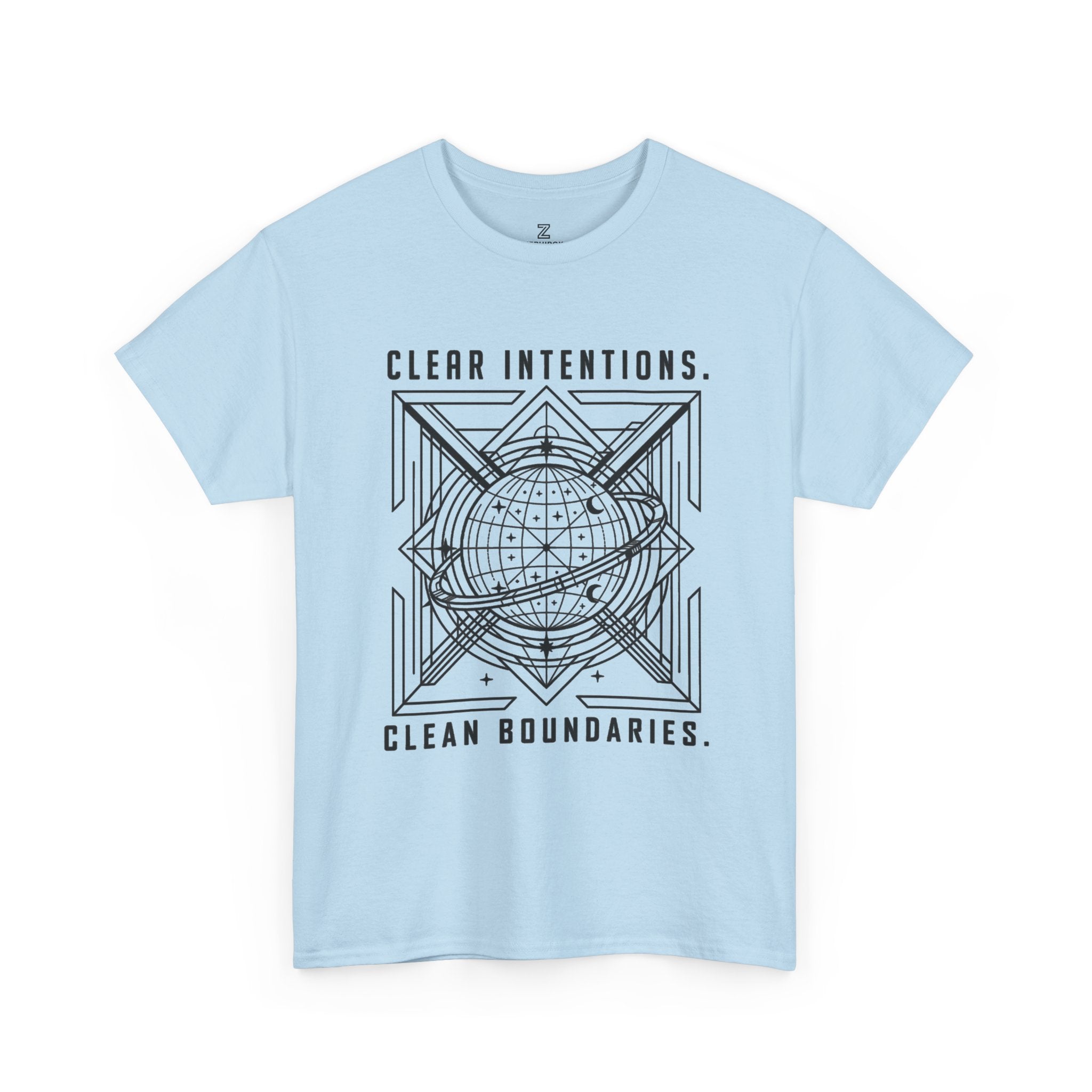 Graphic Tee — "Clear Intentions. Clean Boundaries." Geometric Globe Design