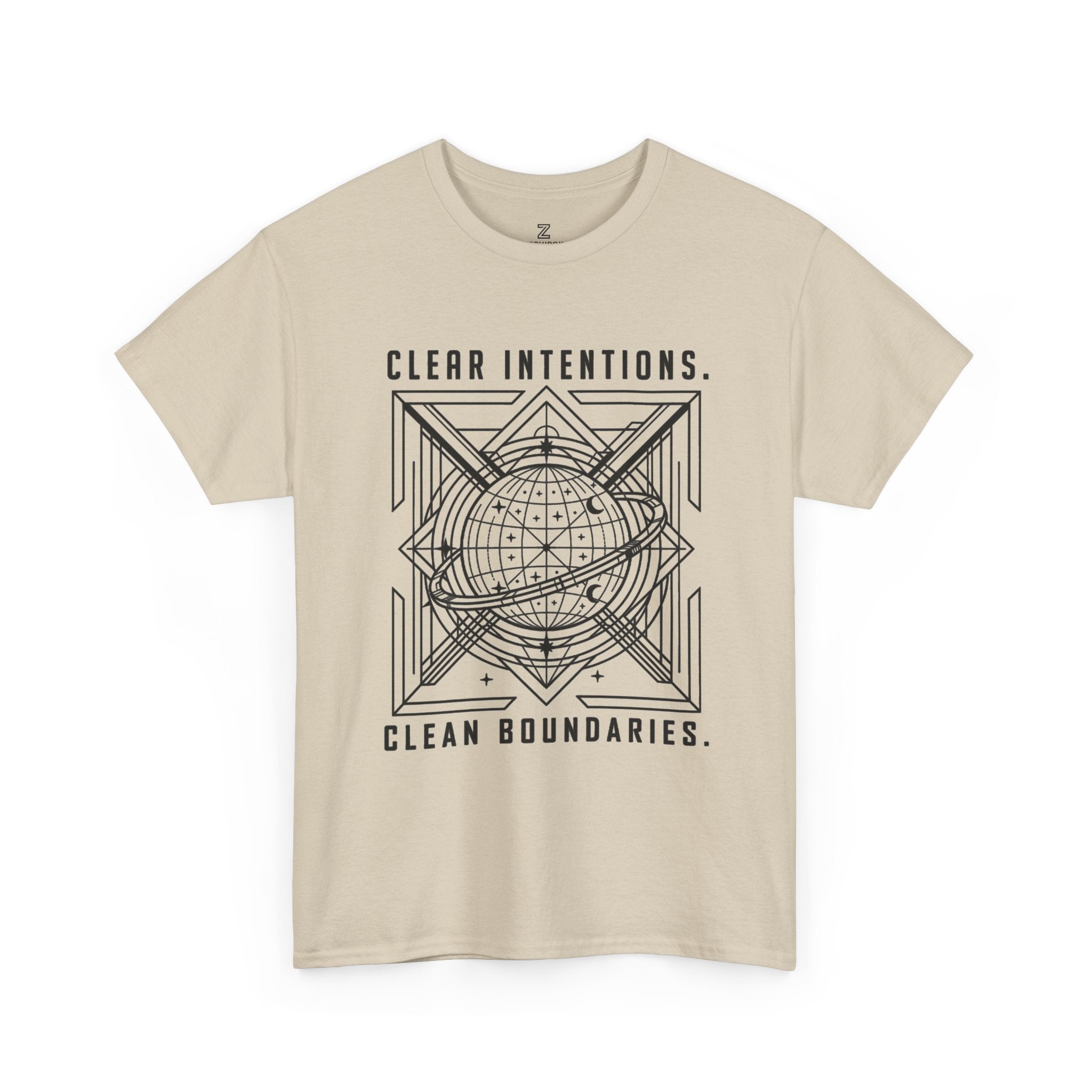 Graphic Tee — "Clear Intentions. Clean Boundaries." Geometric Globe Design