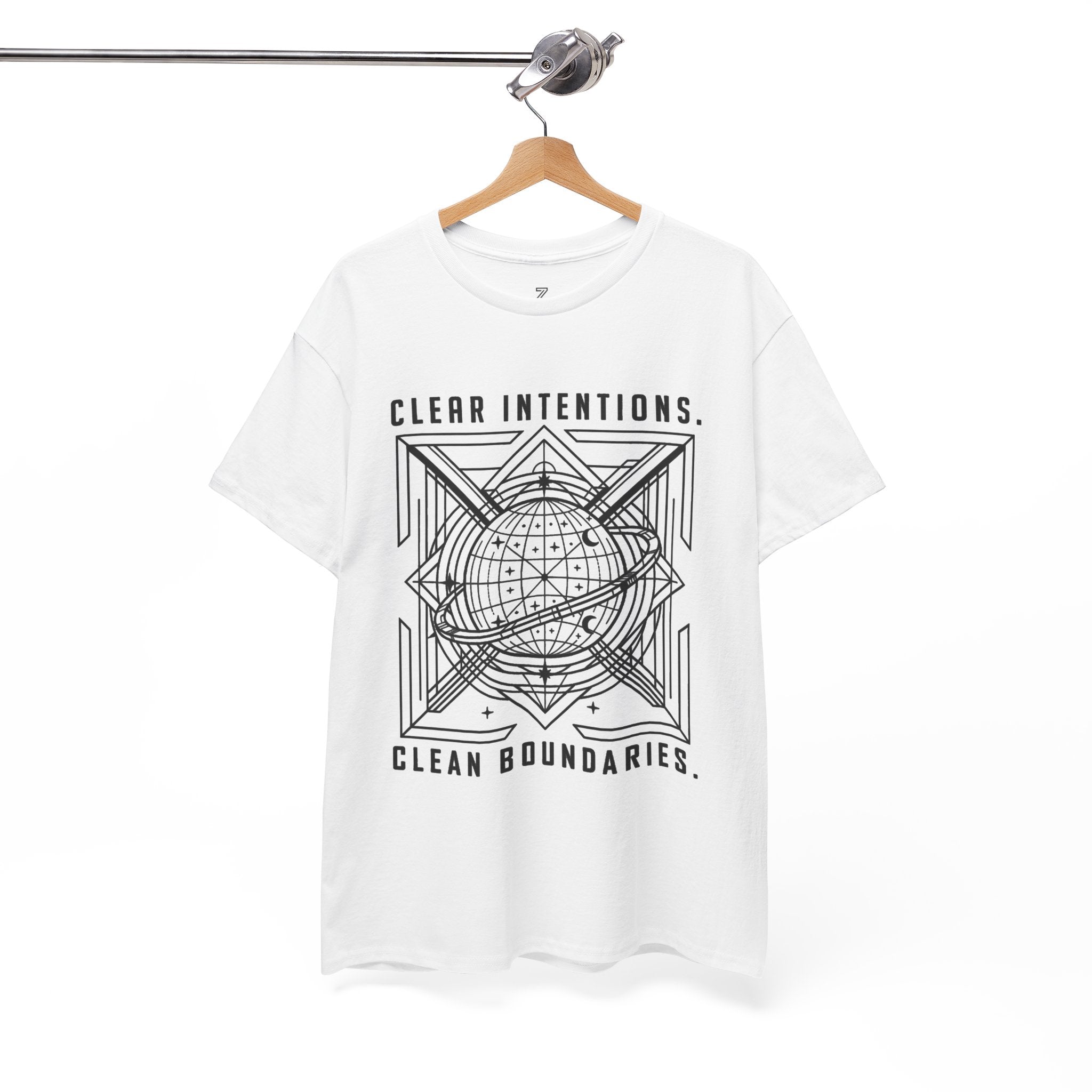 Graphic Tee — "Clear Intentions. Clean Boundaries." Geometric Globe Design