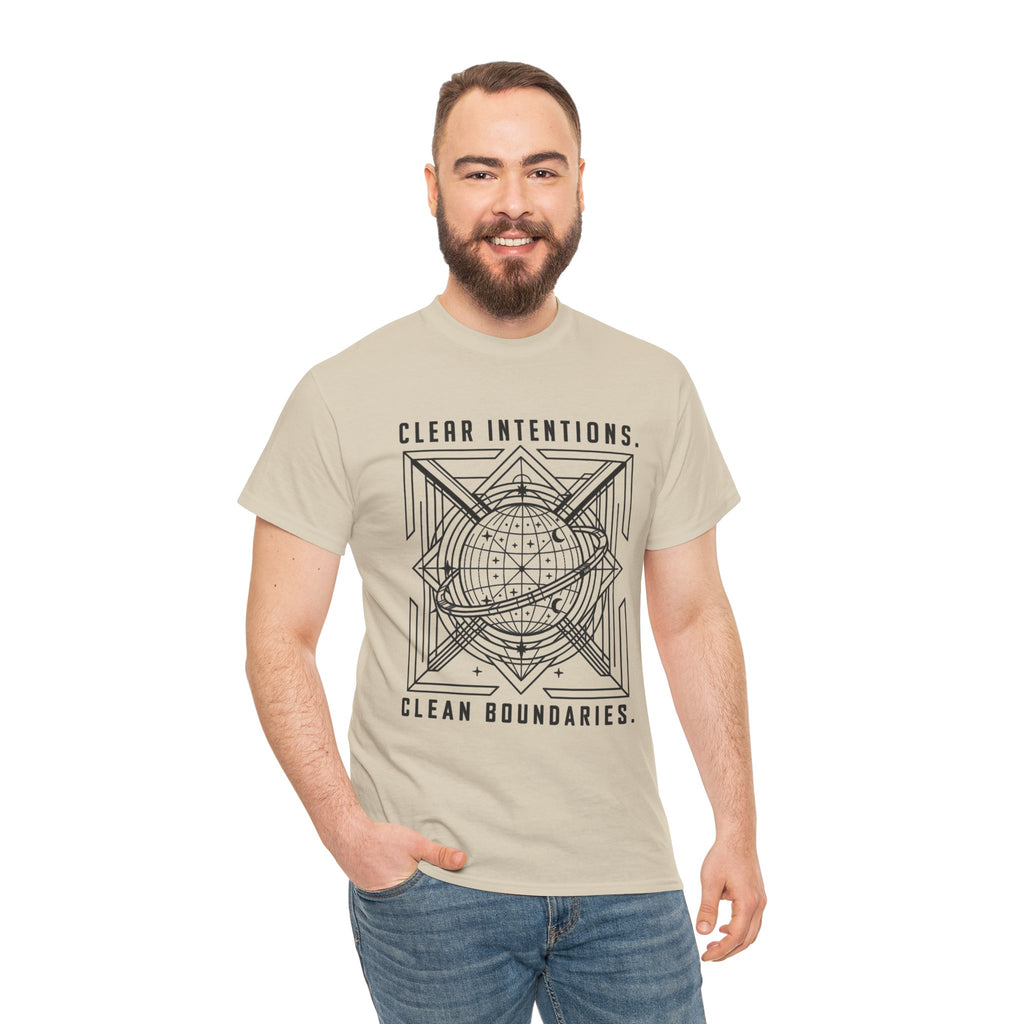 Graphic Tee — "Clear Intentions. Clean Boundaries." Geometric Globe Design
