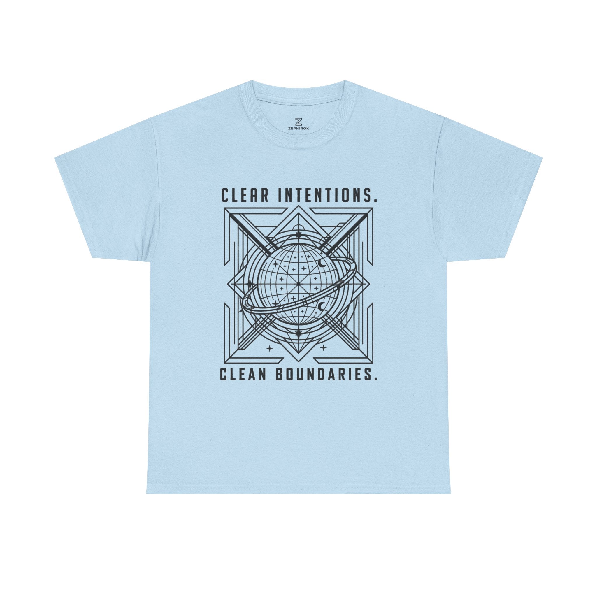 Graphic Tee — "Clear Intentions. Clean Boundaries." Geometric Globe Design