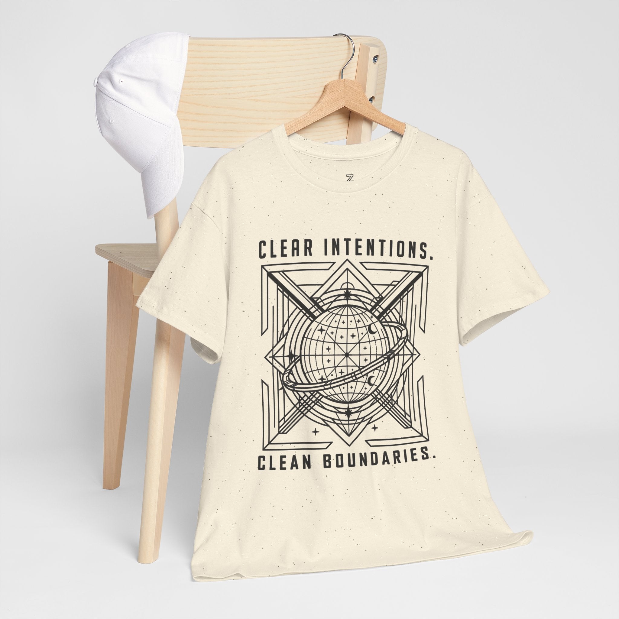 Graphic Tee — "Clear Intentions. Clean Boundaries." Geometric Globe Design