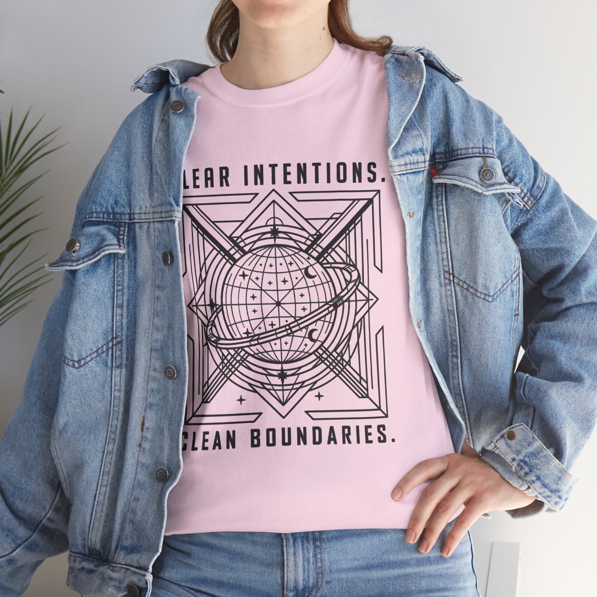 Graphic Tee — "Clear Intentions. Clean Boundaries." Geometric Globe Design