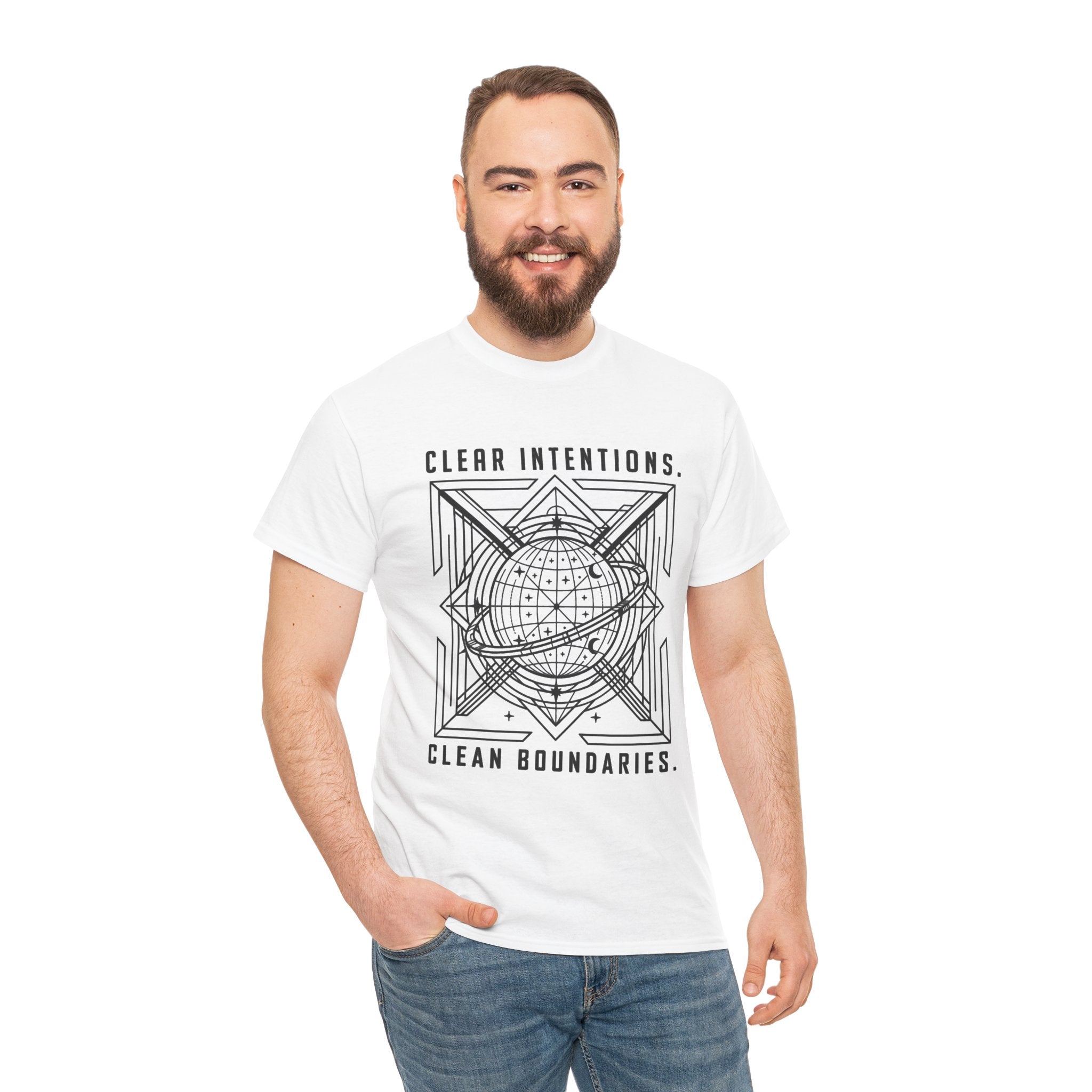 Graphic Tee — "Clear Intentions. Clean Boundaries." Geometric Globe Design