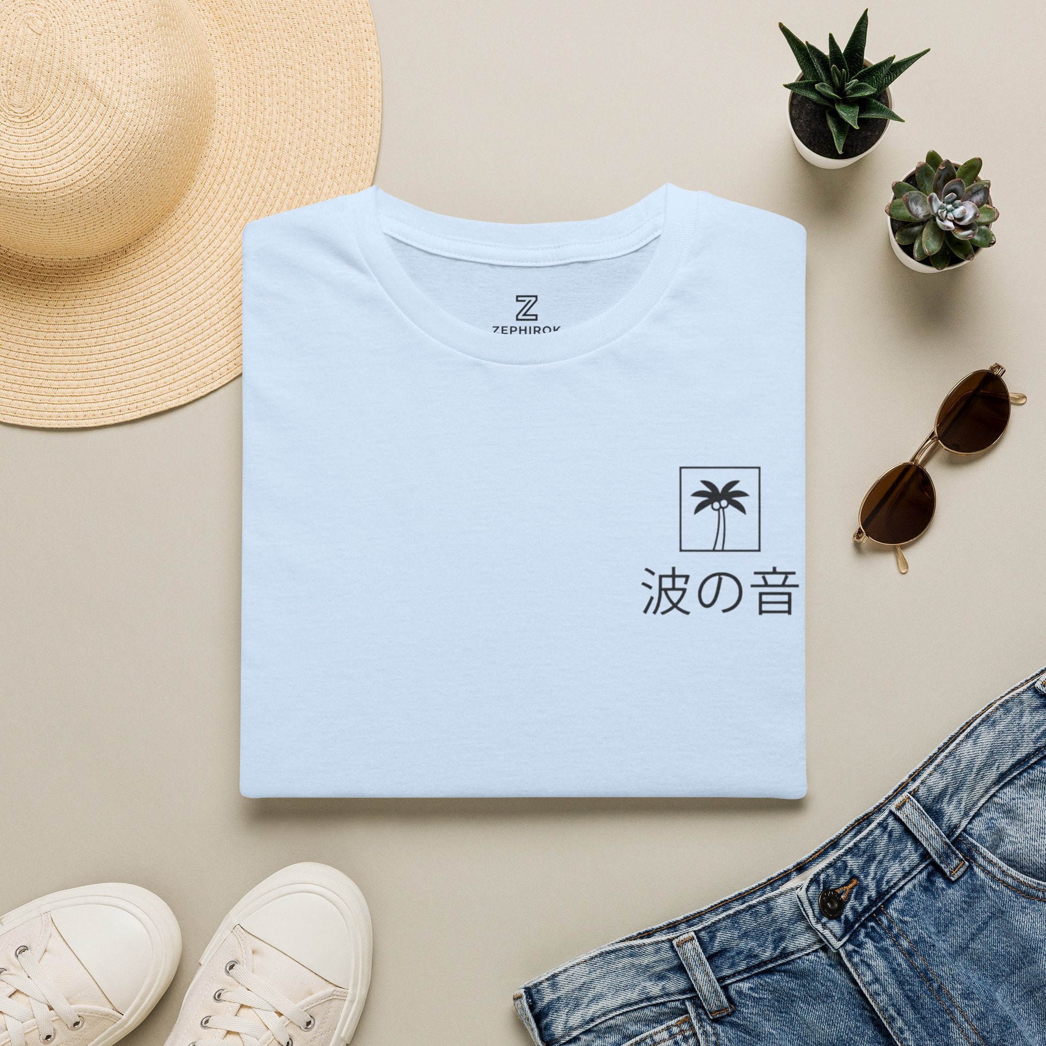 Wave Sound T‑Shirt — Minimal Palm Logo with Japanese 波の音 (Sound of Waves)