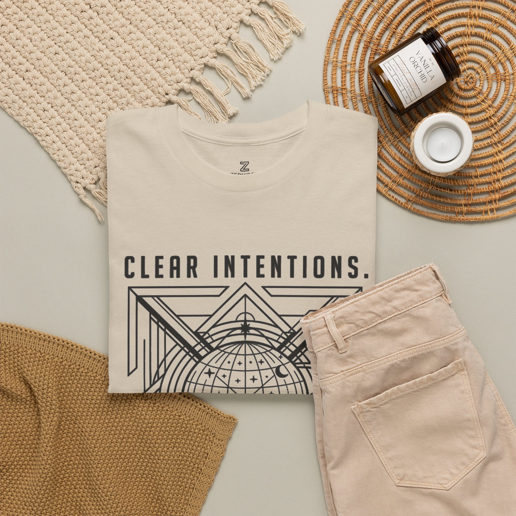 Graphic Tee — "Clear Intentions. Clean Boundaries." Geometric Globe Design