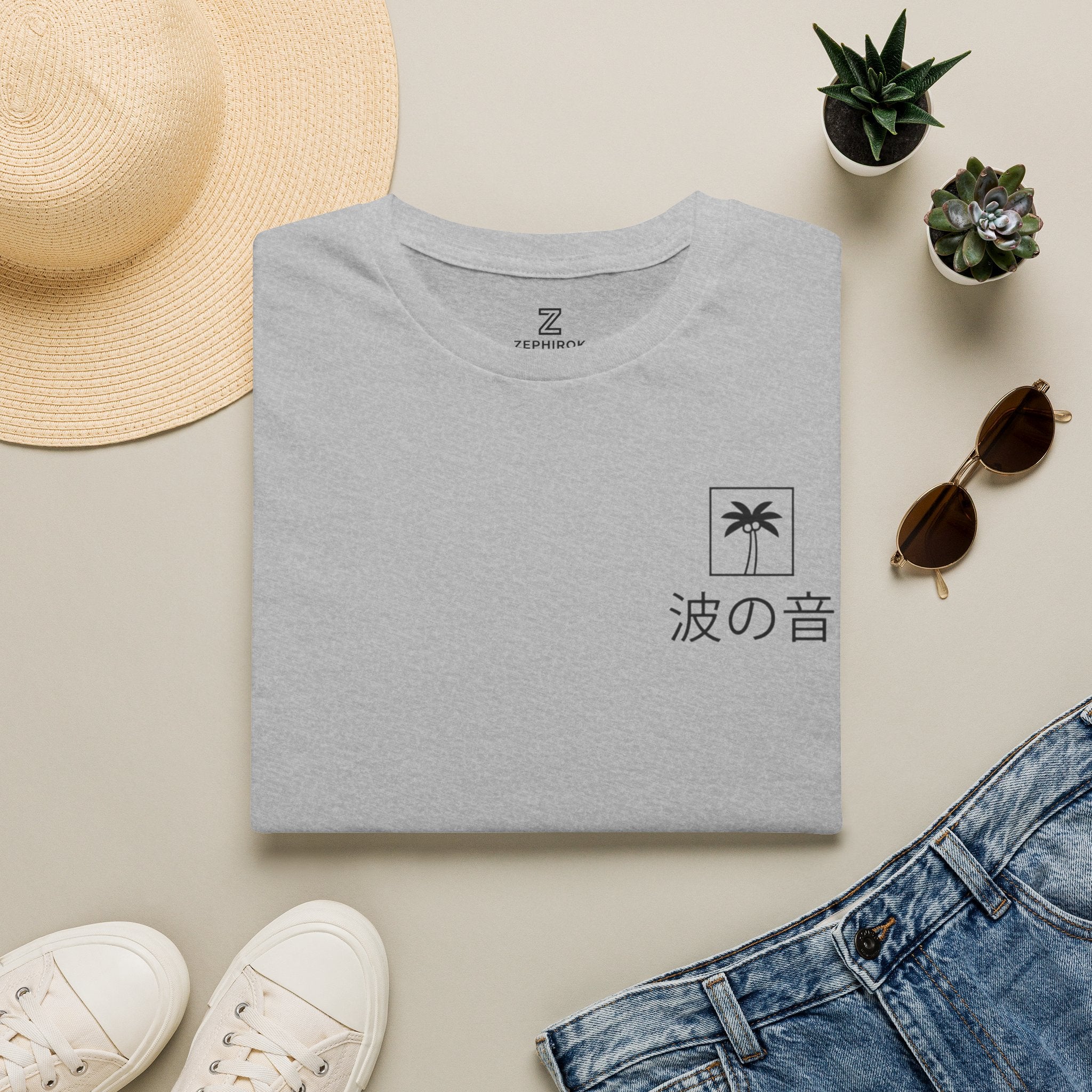 Wave Sound T‑Shirt — Minimal Palm Logo with Japanese 波の音 (Sound of Waves)