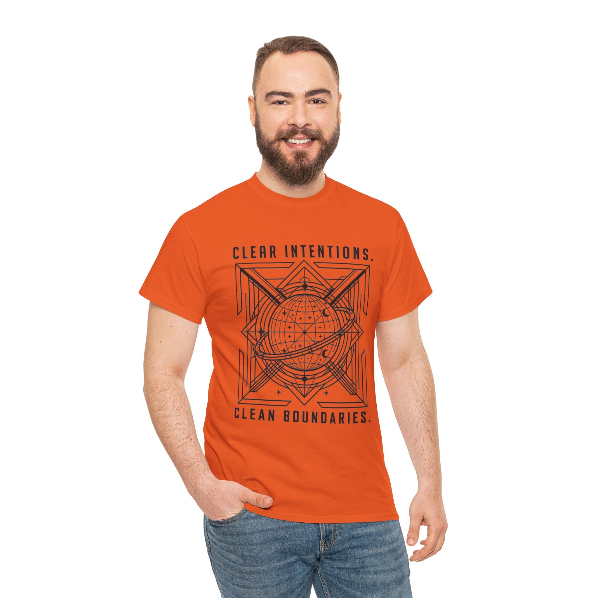 Graphic Tee — "Clear Intentions. Clean Boundaries." Geometric Globe Design