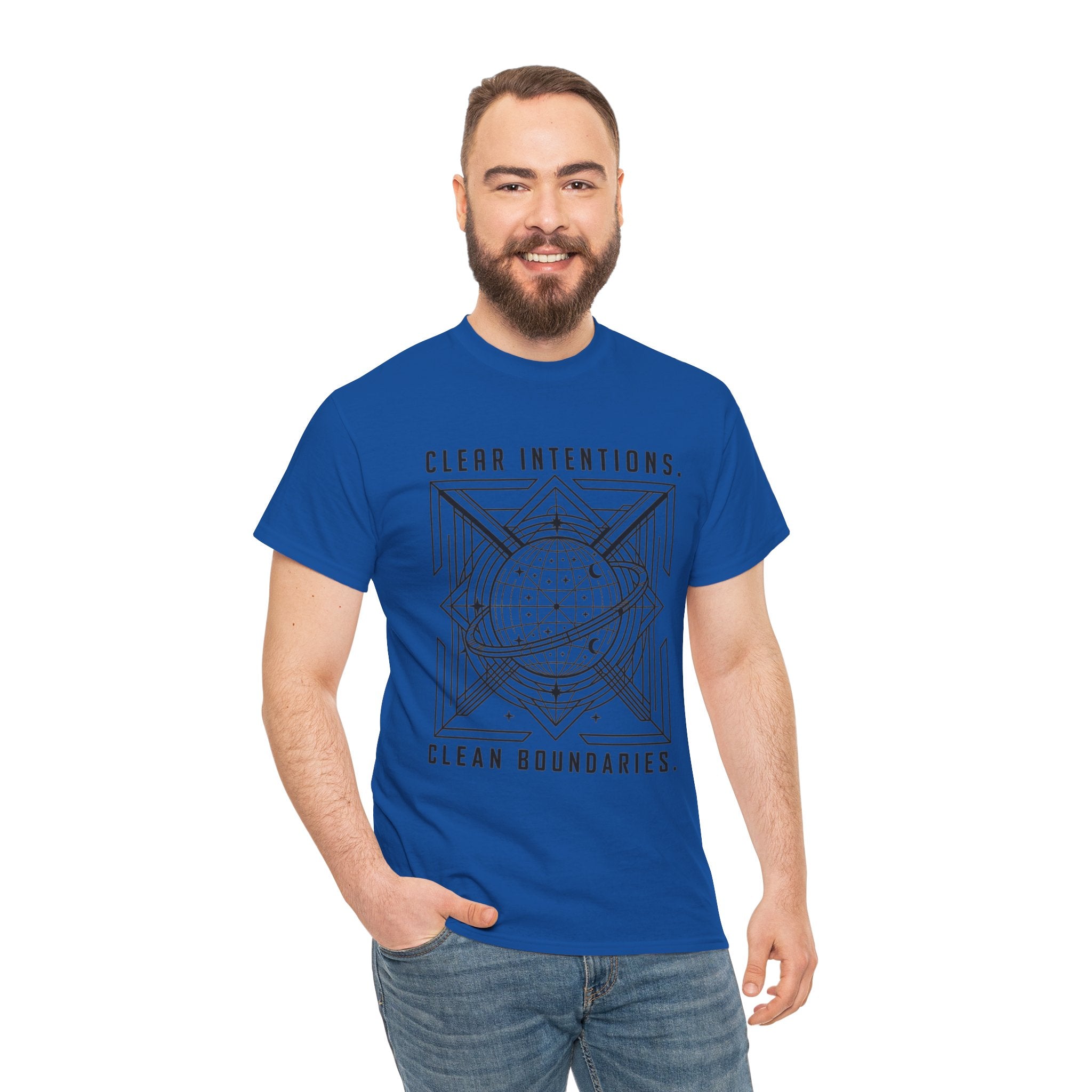 Graphic Tee — "Clear Intentions. Clean Boundaries." Geometric Globe Design